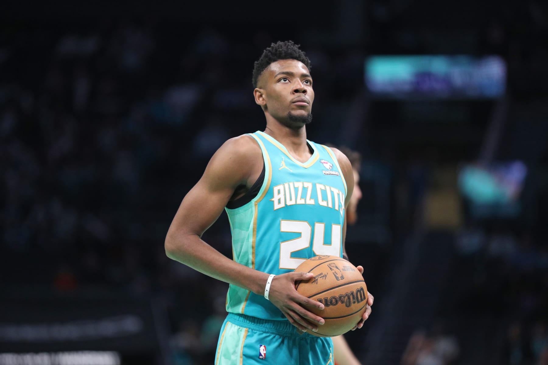 CHARLOTTE, NC - APRIL 7: Brandon Miller #24 of the Charlotte Hornets prepares to shoot a free throw during the game against the Oklahoma City Thunder on April 7, 2024 at Spectrum Center in Charlotte, North Carolina. NOTE TO USER: User expressly acknowledges and agrees that, by downloading and or using this photograph, User is consenting to the terms and conditions of the Getty Images License Agreement.  Mandatory Copyright Notice:  Copyright 2024 NBAE (Photo by Brock Williams-Smith/NBAE via Getty Images)