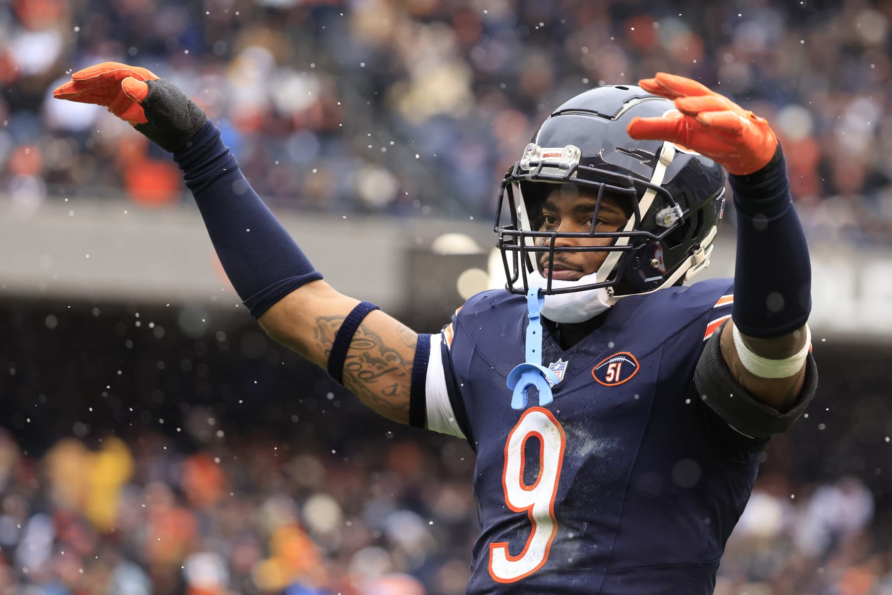 CHICAGO, ILLINOIS - DECEMBER 31: Jaquan Brisker #9 of the Chicago Bears reacts in the game against the Atlanta Falcons at Soldier Field on December 31, 2023 in Chicago, Illinois. (Photo by Justin Casterline/Getty Images)