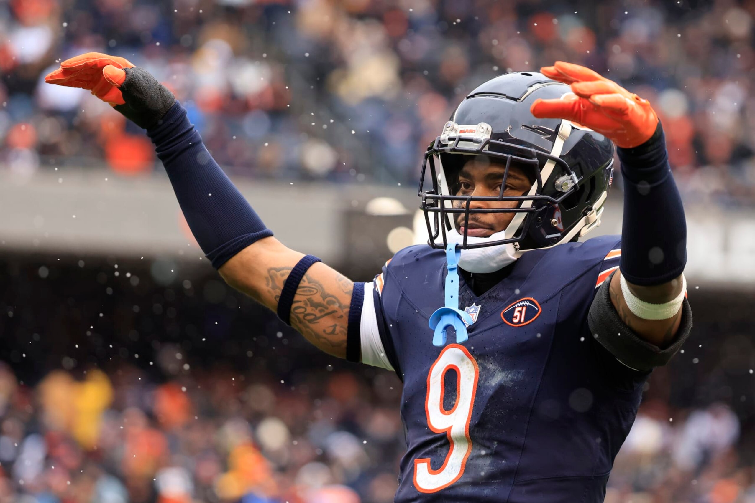 CHICAGO, ILLINOIS - DECEMBER 31: Jaquan Brisker #9 of the Chicago Bears reacts in the game against the Atlanta Falcons at Soldier Field on December 31, 2023 in Chicago, Illinois. (Photo by Justin Casterline/Getty Images)
