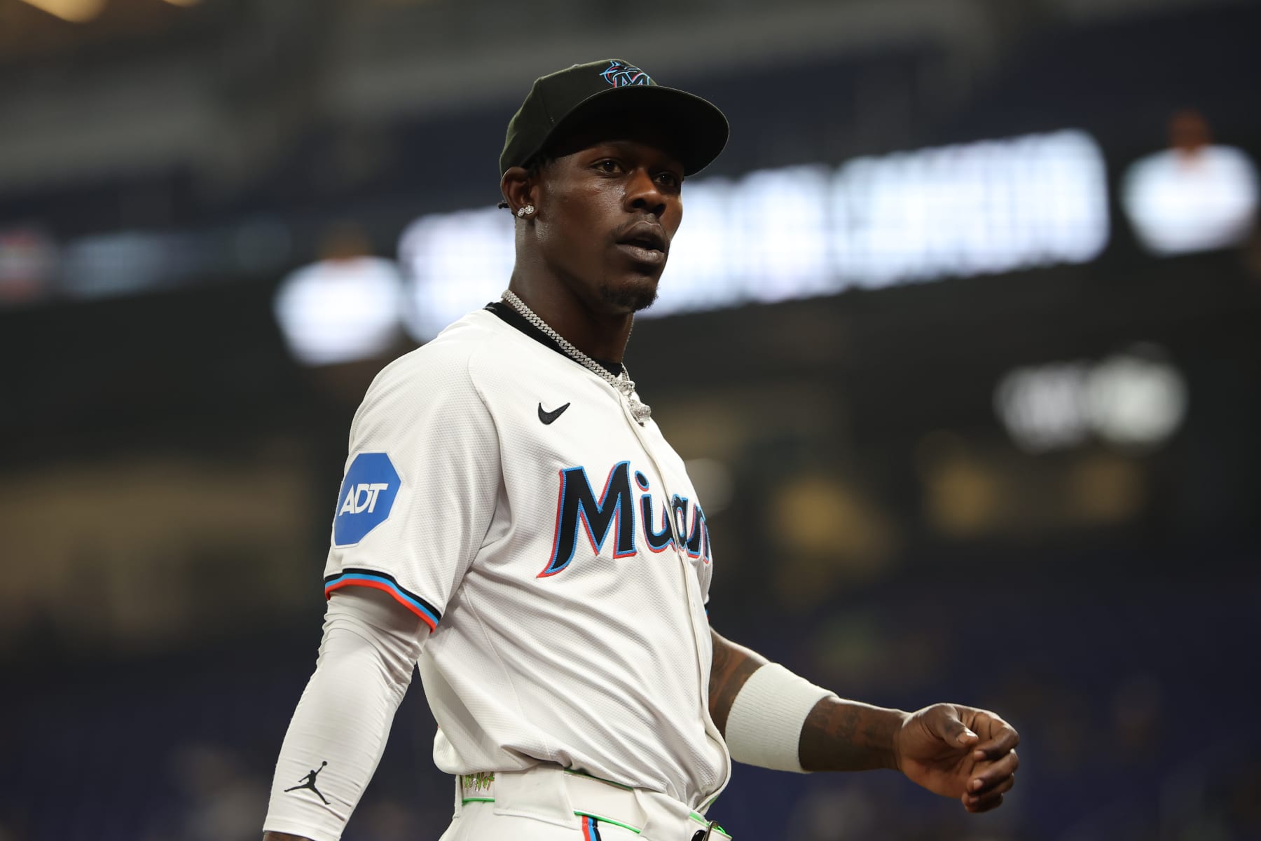MIAMI, FL - MAY 01: Miami Marlins outfielder Jazz Chisholm Jr. (2) looks toward the stands in between innings during the game between the Colorado Rockies and the Miami Marlins on Wednesday, May 1, 2024 at LoanDepot Park, Miami, Fla. (Photo by Peter Joneleit/Icon Sportswire via Getty Images)