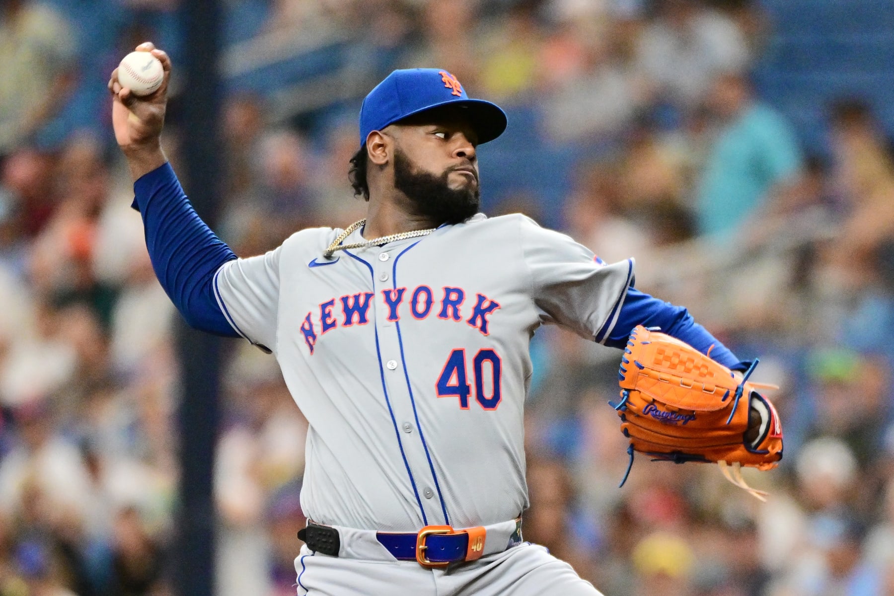 ST PETERSBURG, FLORIDA - MAY 05: Luis Severino #40 of the New York Mets delivers a pitch to the Tampa Bay Rays in the first inning at Tropicana Field on May 05, 2024 in St Petersburg, Florida. (Photo by Julio Aguilar/Getty Images)