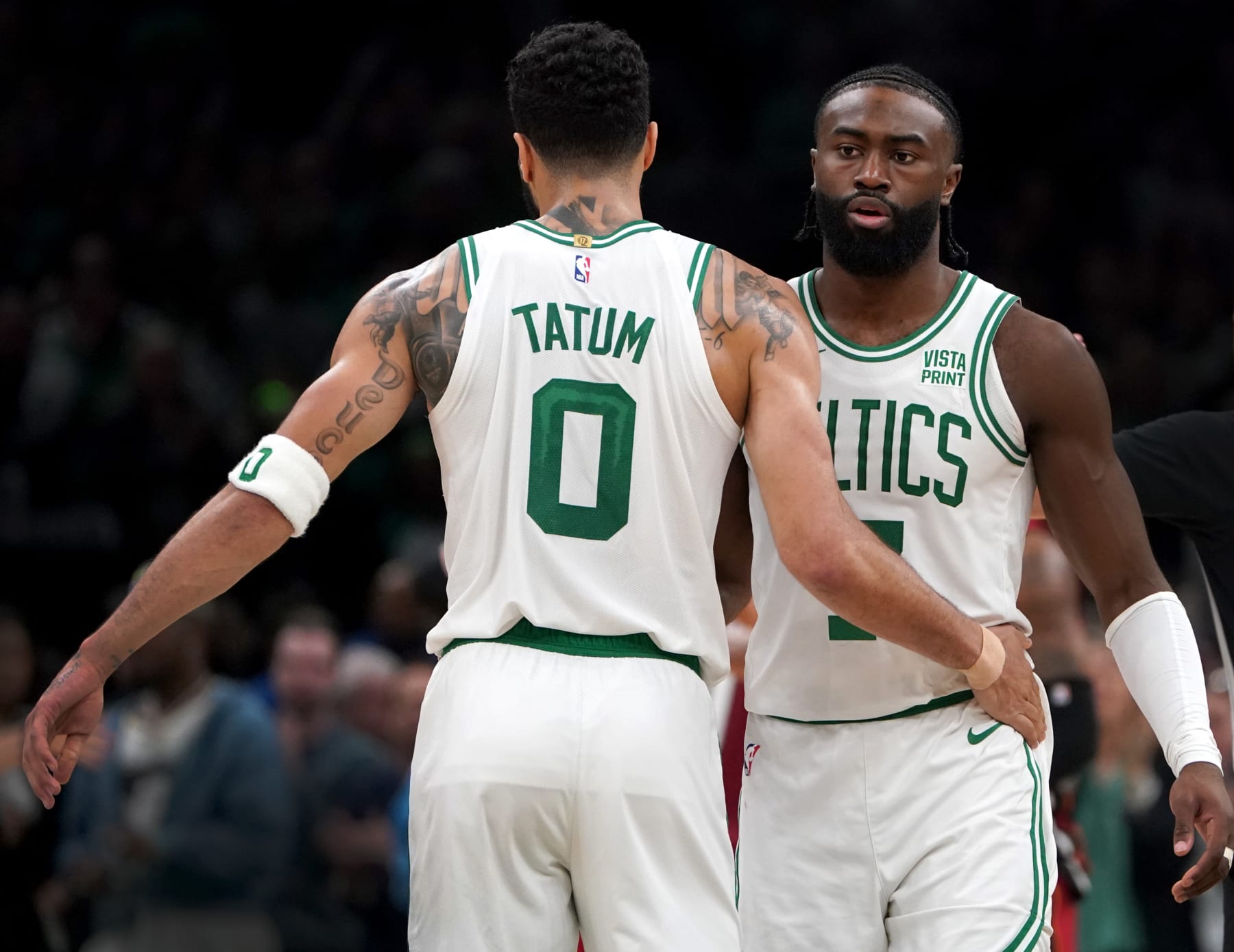 Boston, MA - April 21: Boston Celtics forward Jayson Tatum and guard Jaylen Brown celebrate the win. (Photo by Barry Chin/The Boston Globe via Getty Images) Boston, MA - April 21: Boston Celtics forward Jayson Tatum and guard Jaylen Brown celebrate the win. (Photo by Barry Chin/The Boston Globe via Getty Images)