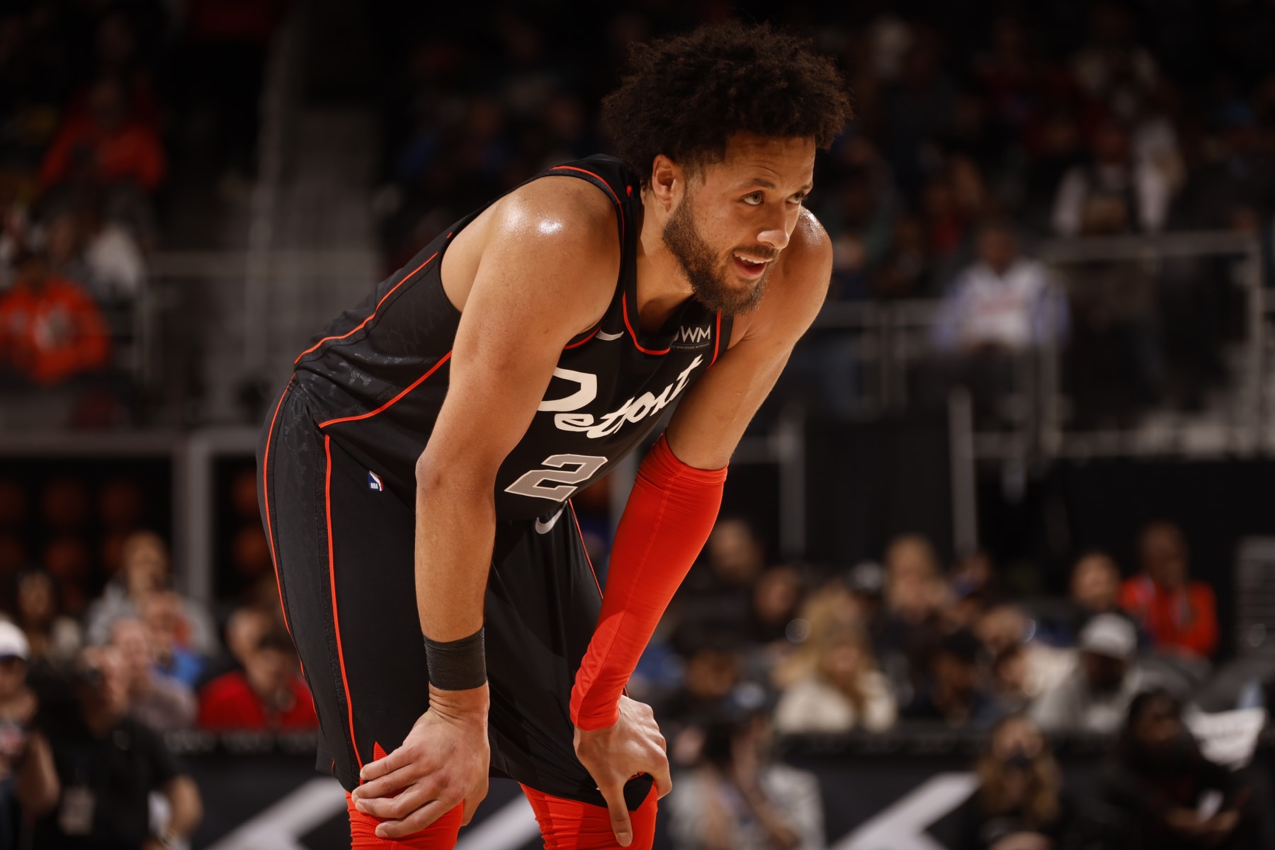 DETROIT, MI - APRIL 1: Cade Cunningham #2 of the Detroit Pistons looks on during the game against the Memphis Grizzlies on April 1, 2024 at Little Caesars Arena in Detroit, Michigan. NOTE TO USER: User expressly acknowledges and agrees that, by downloading and/or using this photograph, User is consenting to the terms and conditions of the Getty Images License Agreement. Mandatory Copyright Notice: Copyright 2024 NBAE (Photo by Brian Sevald/NBAE via Getty Images)