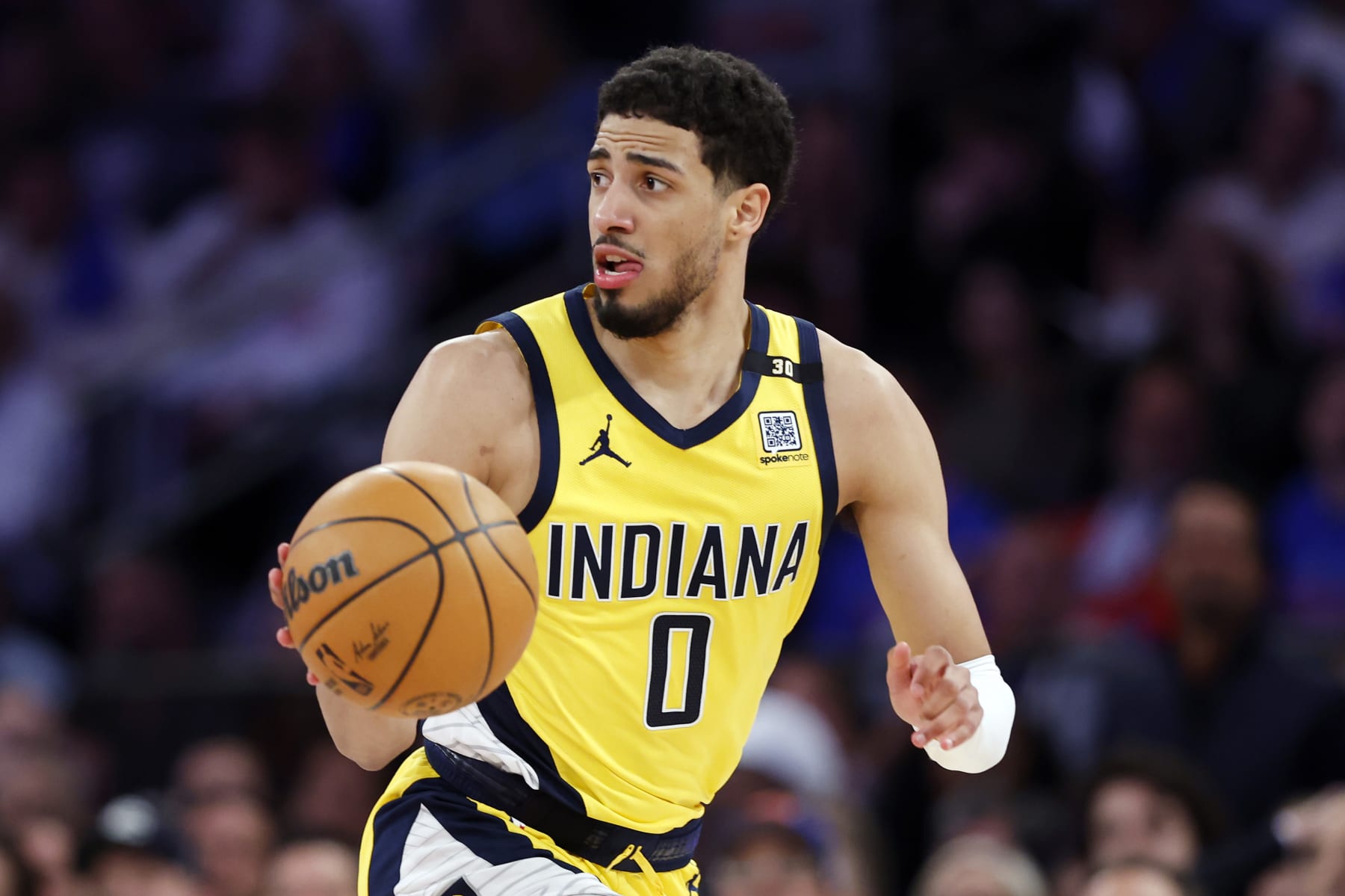 NEW YORK, NEW YORK - MAY 06: Tyrese Haliburton #0 of the Indiana Pacers dribbles against the New York Knicks during Game One of the Eastern Conference Second Round Playoffs at Madison Square Garden on May 06, 2024 in New York City. NOTE TO USER: User expressly acknowledges and agrees that, by downloading and or using this photograph, User is consenting to the terms and conditions of the Getty Images License Agreement.  (Photo by Sarah Stier/Getty Images)