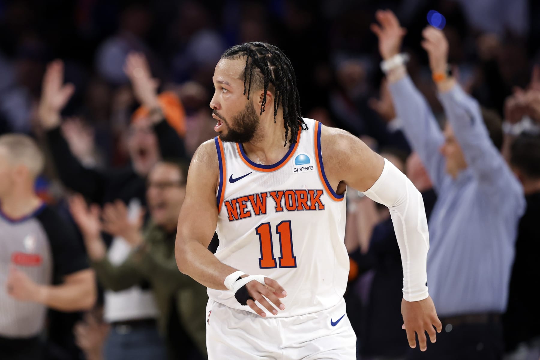 NEW YORK, NEW YORK - MAY 06: Jalen Brunson #11 of the New York Knicks looks on during the second half in Game One of the Eastern Conference Second Round Playoffs against the Indiana Pacers at Madison Square Garden on May 06, 2024 in New York City. NOTE TO USER: User expressly acknowledges and agrees that, by downloading and or using this photograph, User is consenting to the terms and conditions of the Getty Images License Agreement. (Photo by Sarah Stier/Getty Images)