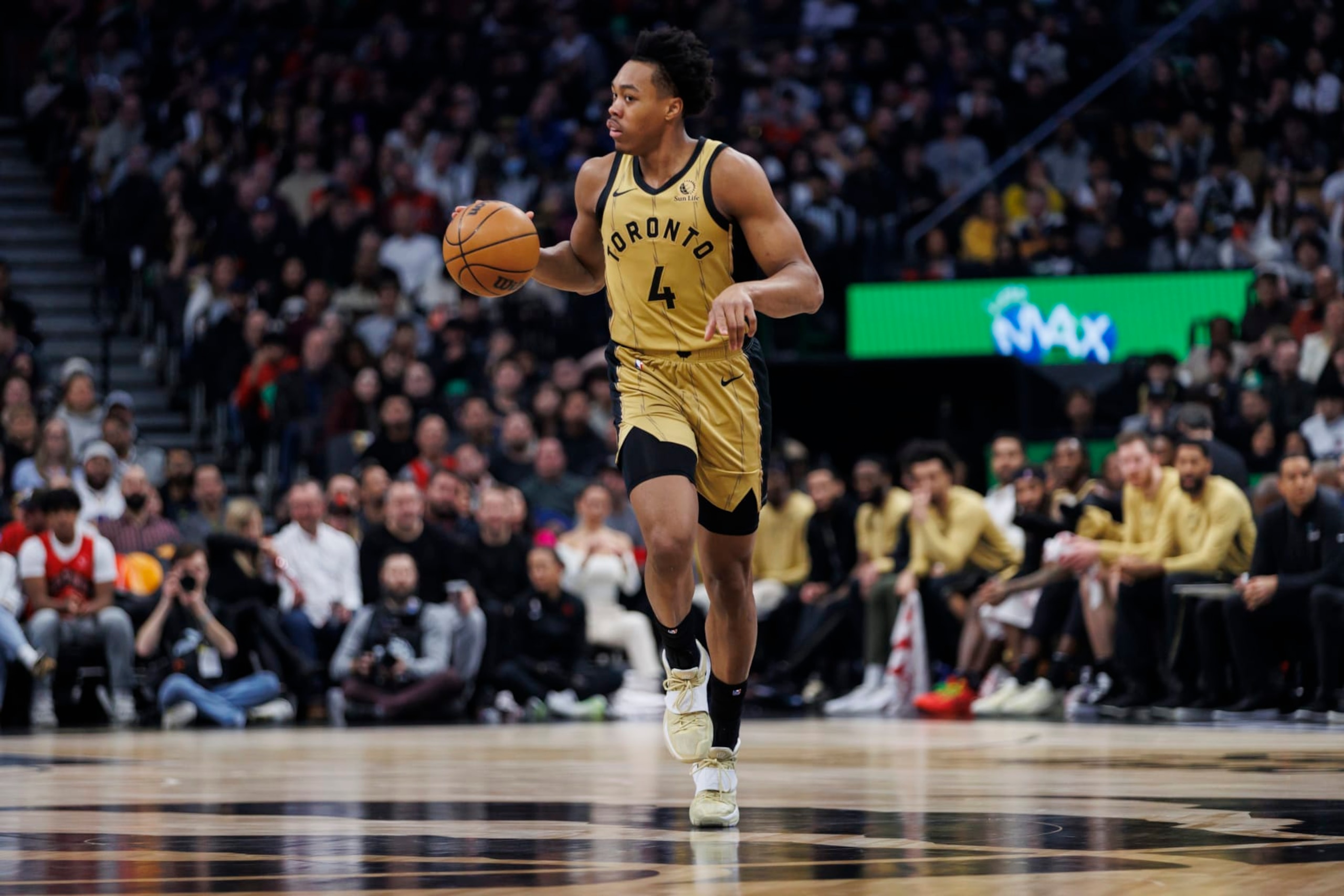TORONTO, CANADA - MARCH 1: Scottie Barnes#4 of the Toronto Raptors dribbles during the first half of their NBA game against the Golden State Warriors at Scotiabank Arena on March 1, 2024 in Toronto, Canada. NOTE TO USER: User expressly acknowledges and agrees that, by downloading and or using this photograph, User is consenting to the terms and conditions of the Getty Images License Agreement. (Photo by Cole Burston/Getty Images)