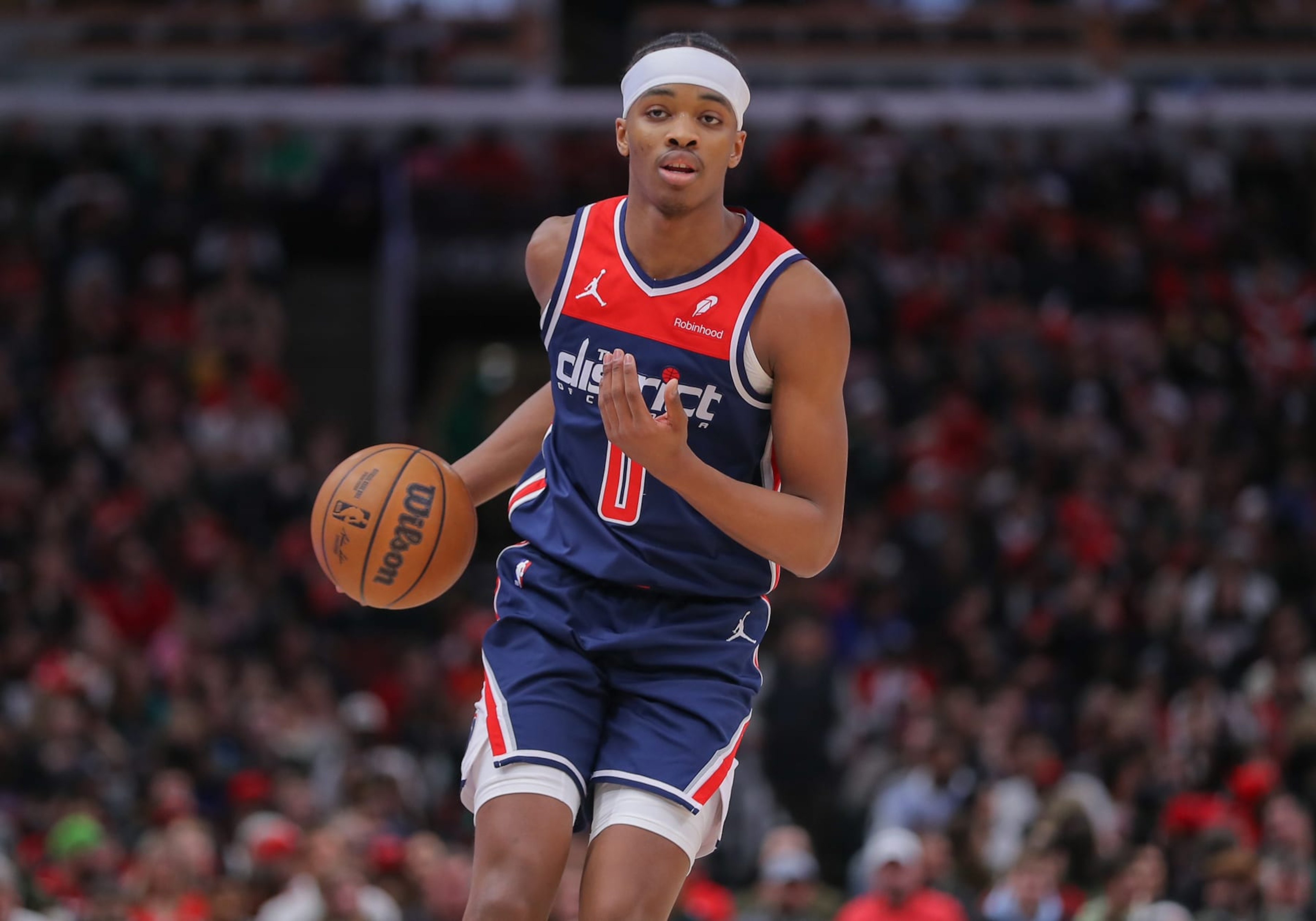 CHICAGO, IL - MARCH 16: Bilal Coulibaly #0 of the Washington Wizards brings the ball up court during the first half against the Chicago Bulls at the United Center on March 16, 2024 in Chicago, Illinois. (Photo by Melissa Tamez/Icon Sportswire via Getty Images)