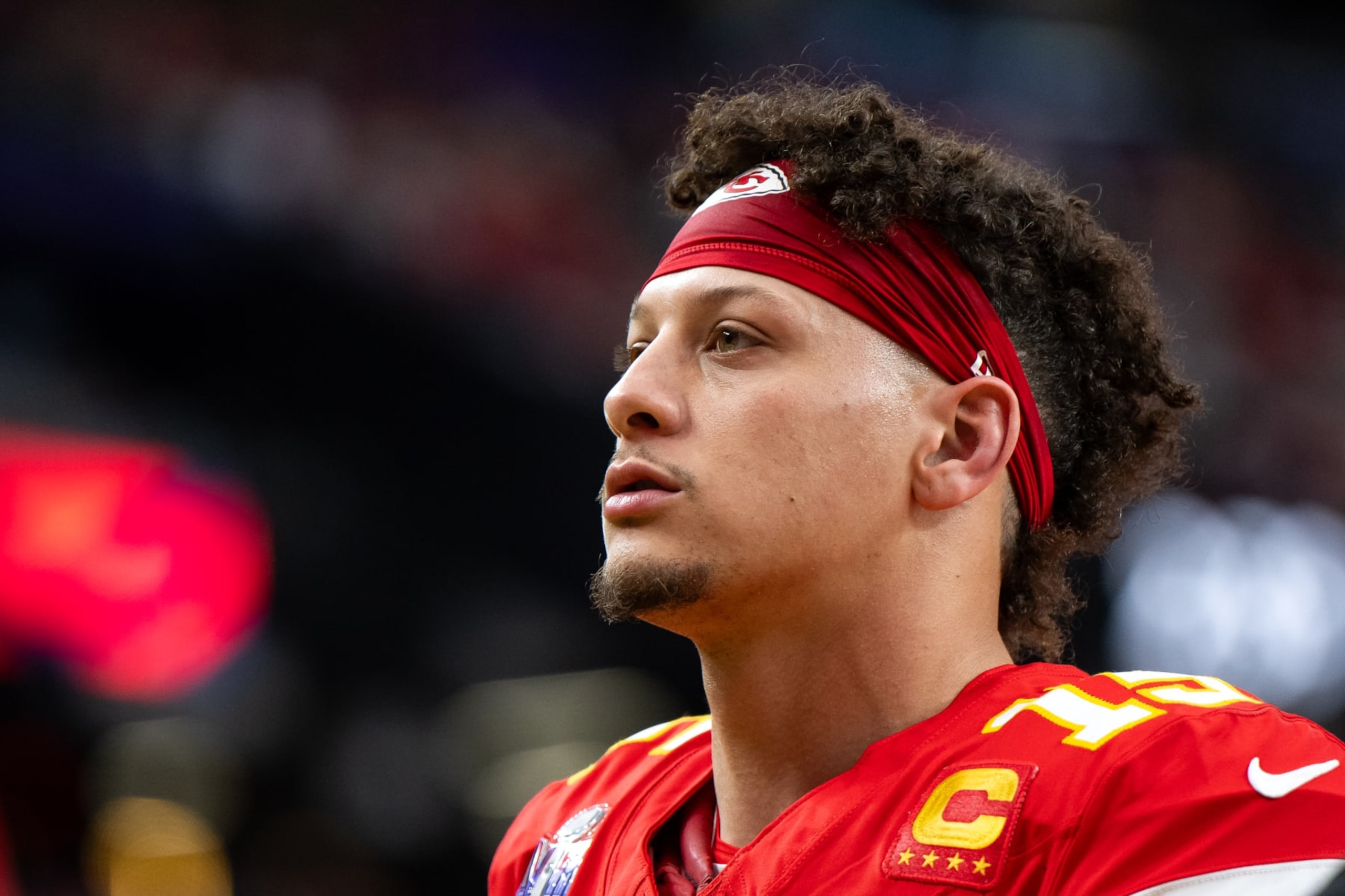 LAS VEGAS, NEVADA - FEBRUARY 11: Quarterback Patrick Mahomes #15 of the Kansas City Chiefs looks on prior to Super Bowl LVIII against the San Francisco 49ers at Allegiant Stadium on February 11, 2024 in Las Vegas, Nevada. (Photo by Luke Hales/Getty Images) LAS VEGAS, NEVADA - FEBRUARY 11: Quarterback Patrick Mahomes #15 of the Kansas City Chiefs looks on prior to Super Bowl LVIII against the San Francisco 49ers at Allegiant Stadium on February 11, 2024 in Las Vegas, Nevada. (Photo by Luke Hales/Getty Images)