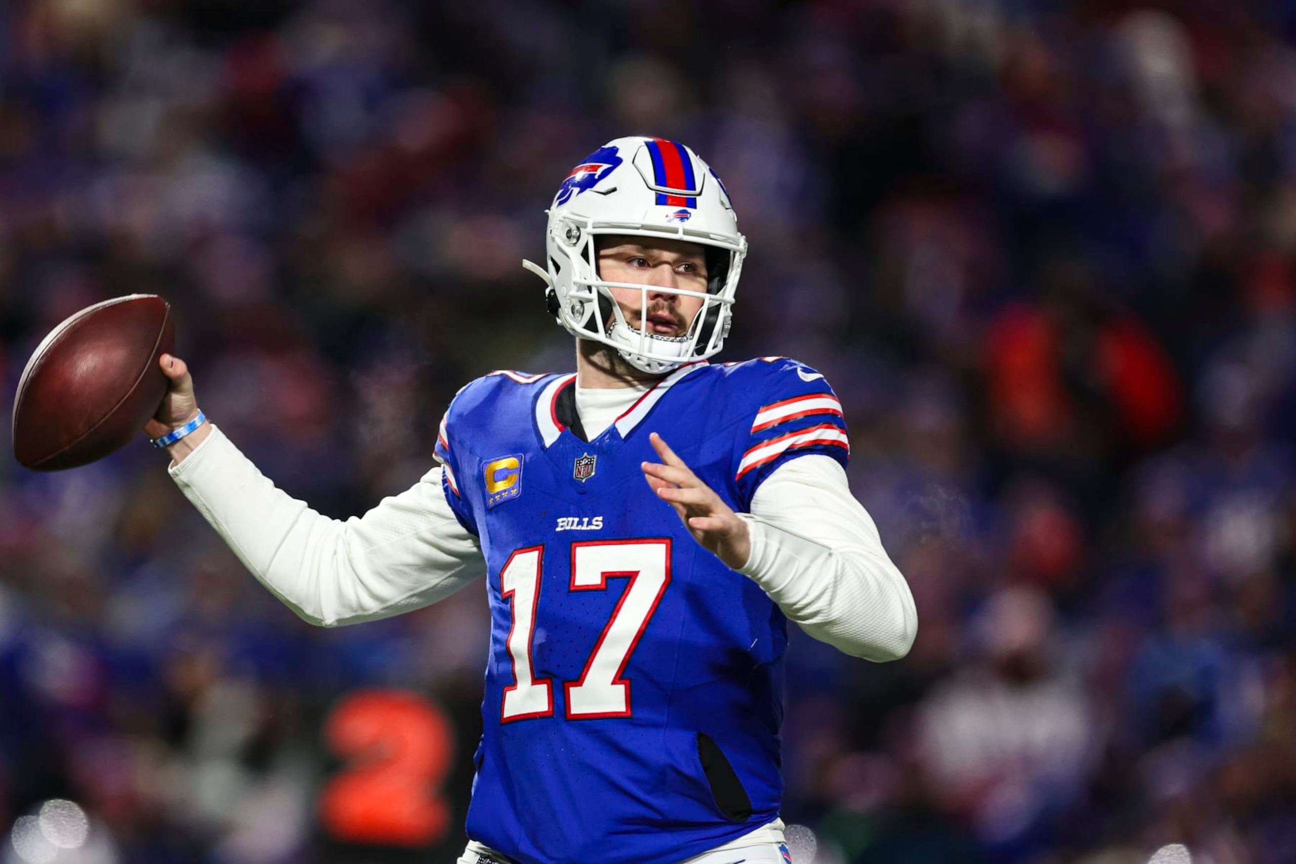 ORCHARD PARK, NY - JANUARY 21: Josh Allen #17 of the Buffalo Bills throws the ball during an NFL divisional round playoff football game against the Kansas City Chiefs at Highmark Stadium on January 21, 2024 in Orchard Park, New York. (Photo by Perry Knotts/Getty Images) ORCHARD PARK, NY - JANUARY 21: Josh Allen #17 of the Buffalo Bills throws the ball during an NFL divisional round playoff football game against the Kansas City Chiefs at Highmark Stadium on January 21, 2024 in Orchard Park, New York. (Photo by Perry Knotts/Getty Images)