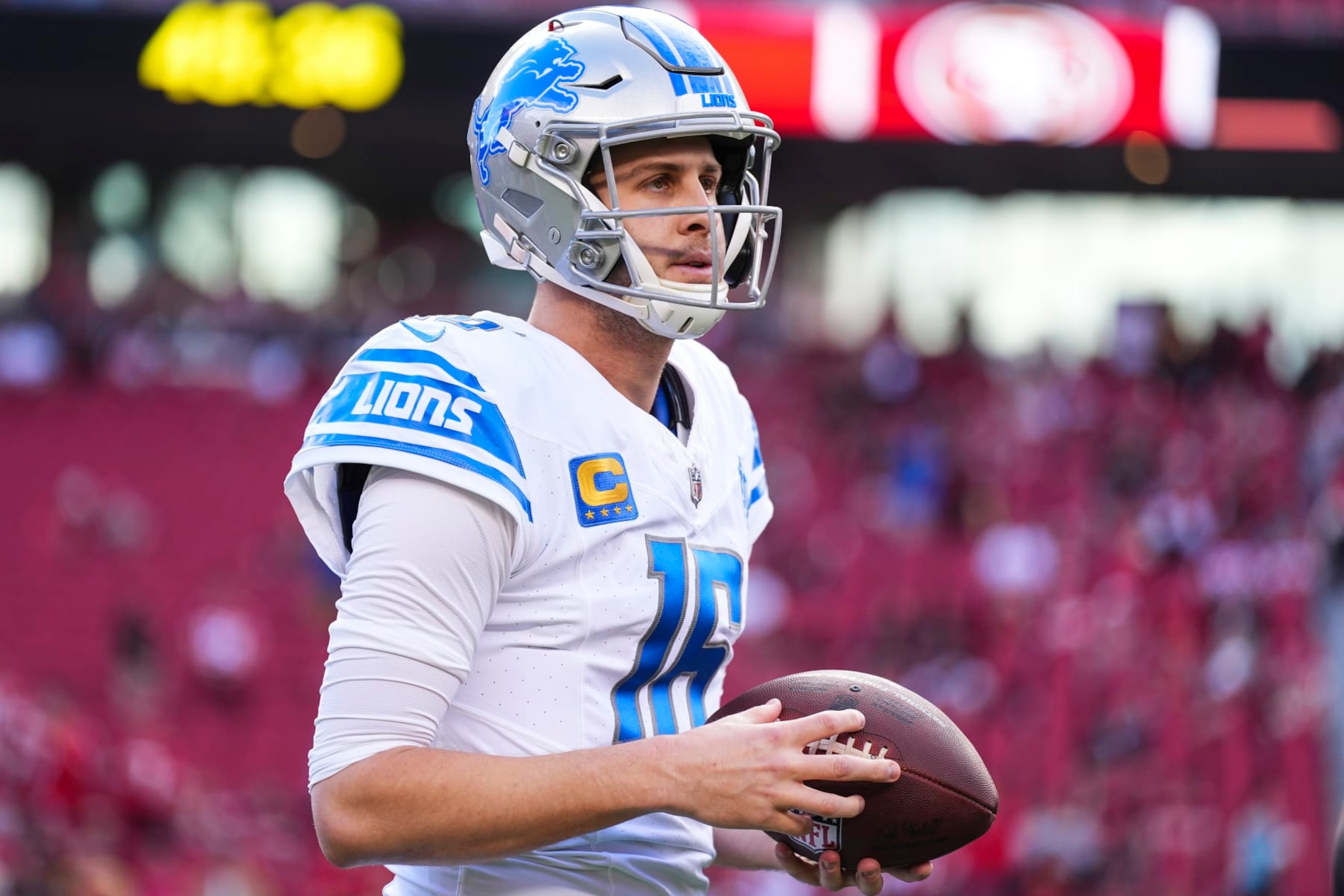 SANTA CLARA, CA - JANUARY 28: Jared Goff #16 of the Detroit Lions warms up prior to the NFC Championship NFL football game against the San Francisco 49ers at Levi's Stadium on January 28, 2024 in Santa Clara, California. (Photo by Cooper Neill/Getty Images) SANTA CLARA, CA - JANUARY 28: Jared Goff #16 of the Detroit Lions warms up prior to the NFC Championship NFL football game against the San Francisco 49ers at Levi's Stadium on January 28, 2024 in Santa Clara, California. (Photo by Cooper Neill/Getty Images)