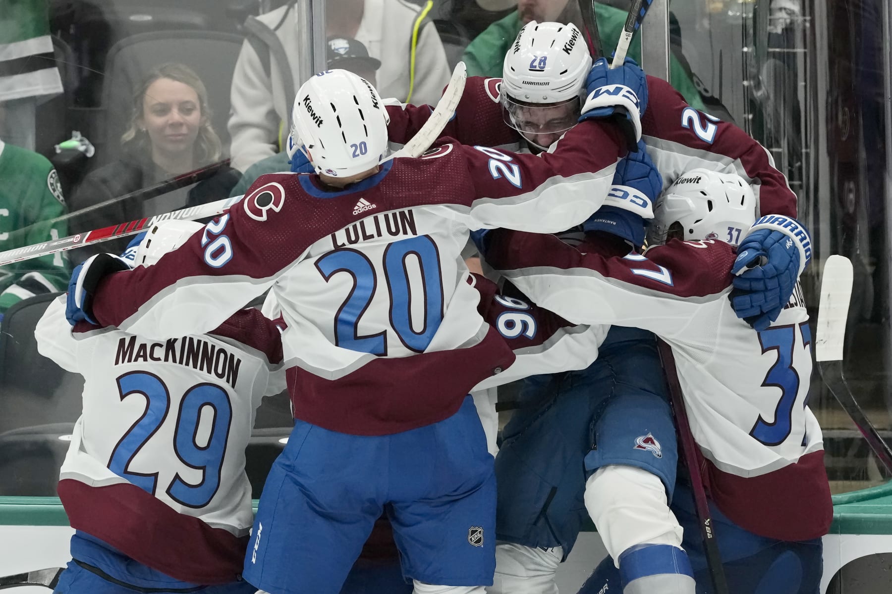 DALLAS, TEXAS - MAY 07: Miles Wood #28 of the Colorado Avalanche celebrates with teammates after scoring the game winning goal during overtime against the Dallas Stars in Game One of the Second Round of the 2024 Stanley Cup Playoffs at American Airlines Center on May 07, 2024 in Dallas, Texas. (Photo by Sam Hodde/Getty Images)
