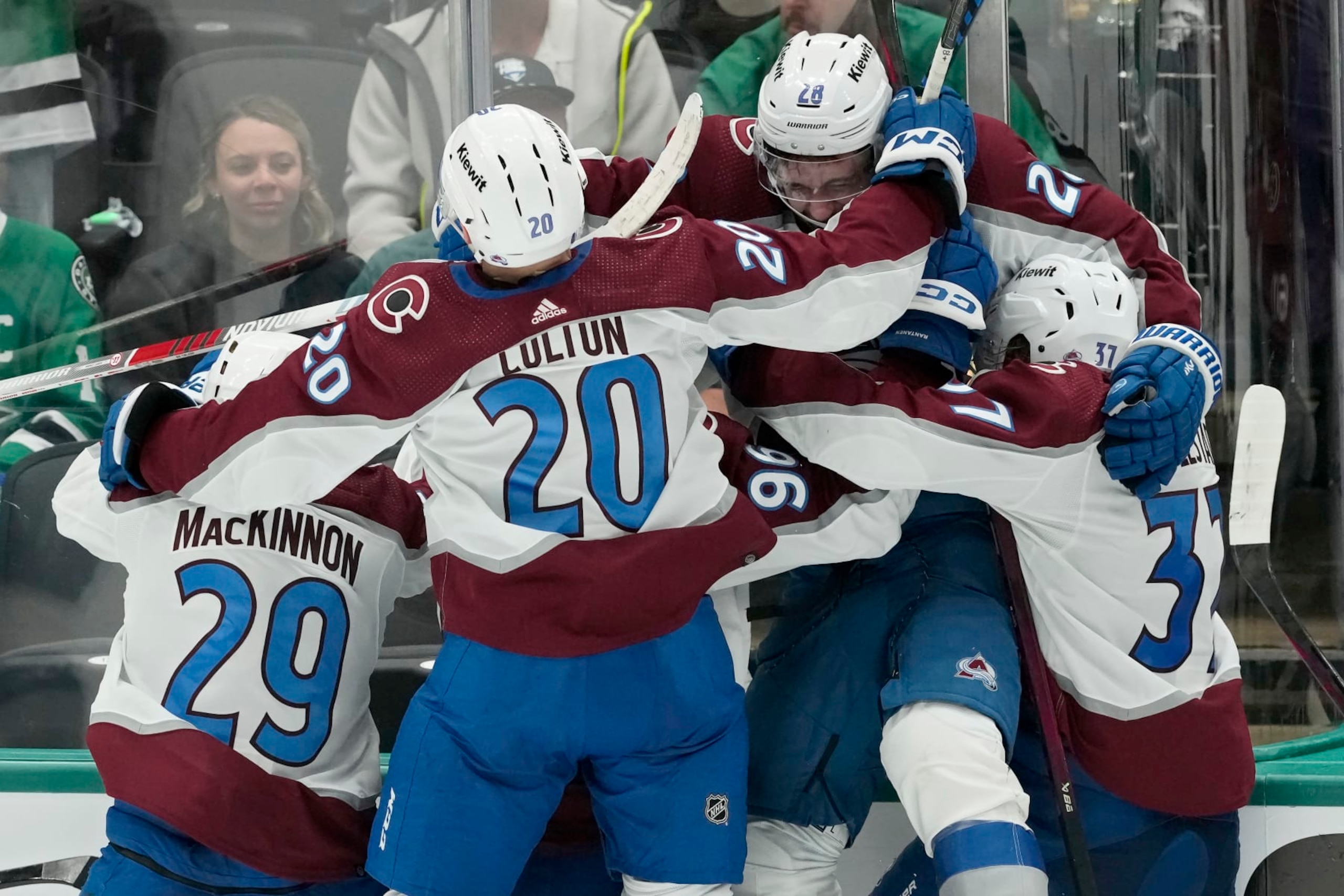 DALLAS, TEXAS - MAY 07: Miles Wood #28 of the Colorado Avalanche celebrates with teammates after scoring the game winning goal during overtime against the Dallas Stars in Game One of the Second Round of the 2024 Stanley Cup Playoffs at American Airlines Center on May 07, 2024 in Dallas, Texas. (Photo by Sam Hodde/Getty Images)