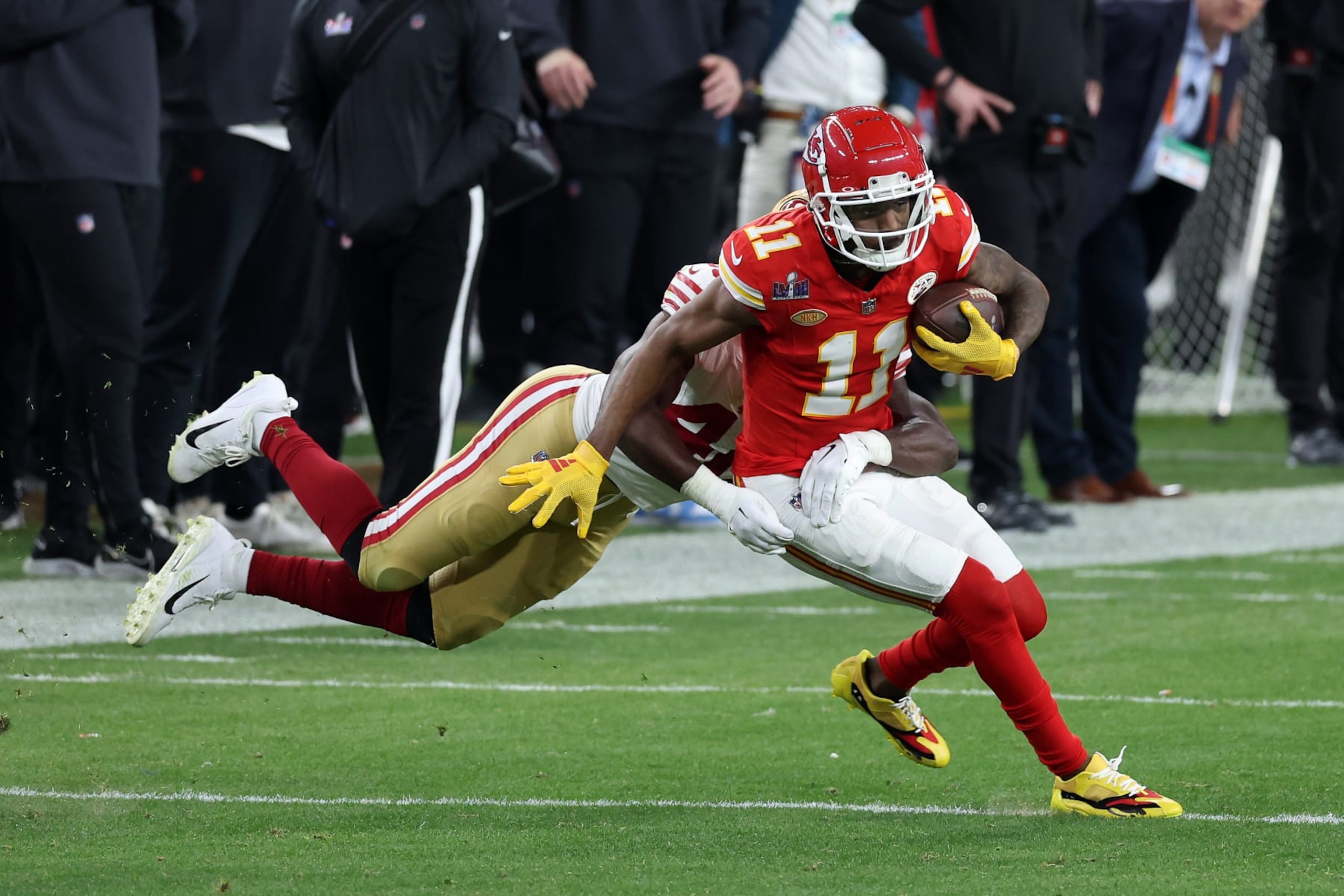 LAS VEGAS, NEVADA - FEBRUARY 11: Marquez Valdes-Scantling #11 of the Kansas City Chiefs catches a pass against Oren Burks #48 of the San Francisco 49ers in overtime during Super Bowl LVIII at Allegiant Stadium on February 11, 2024 in Las Vegas, Nevada. (Photo by Steph Chambers/Getty Images)