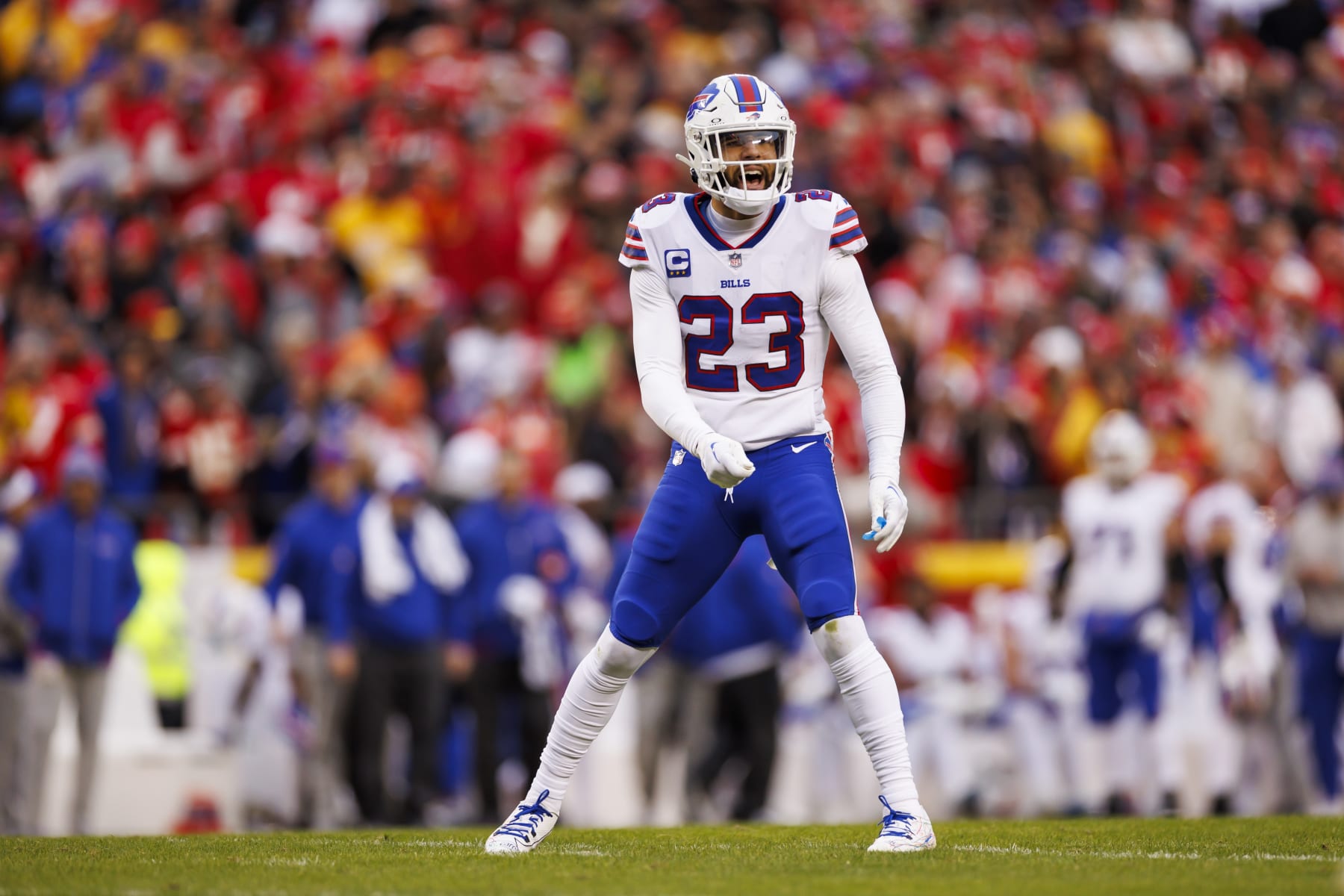 KANSAS CITY, MISSOURI - DECEMBER 10: Micah Hyde #23 of the Buffalo Bills defends in coverage during an NFL football game against the Kansas City Chiefs at GEHA Field at Arrowhead Stadium on December 10, 2023 in Kansas City, Missouri. (Photo by Ryan Kang/Getty Images)
