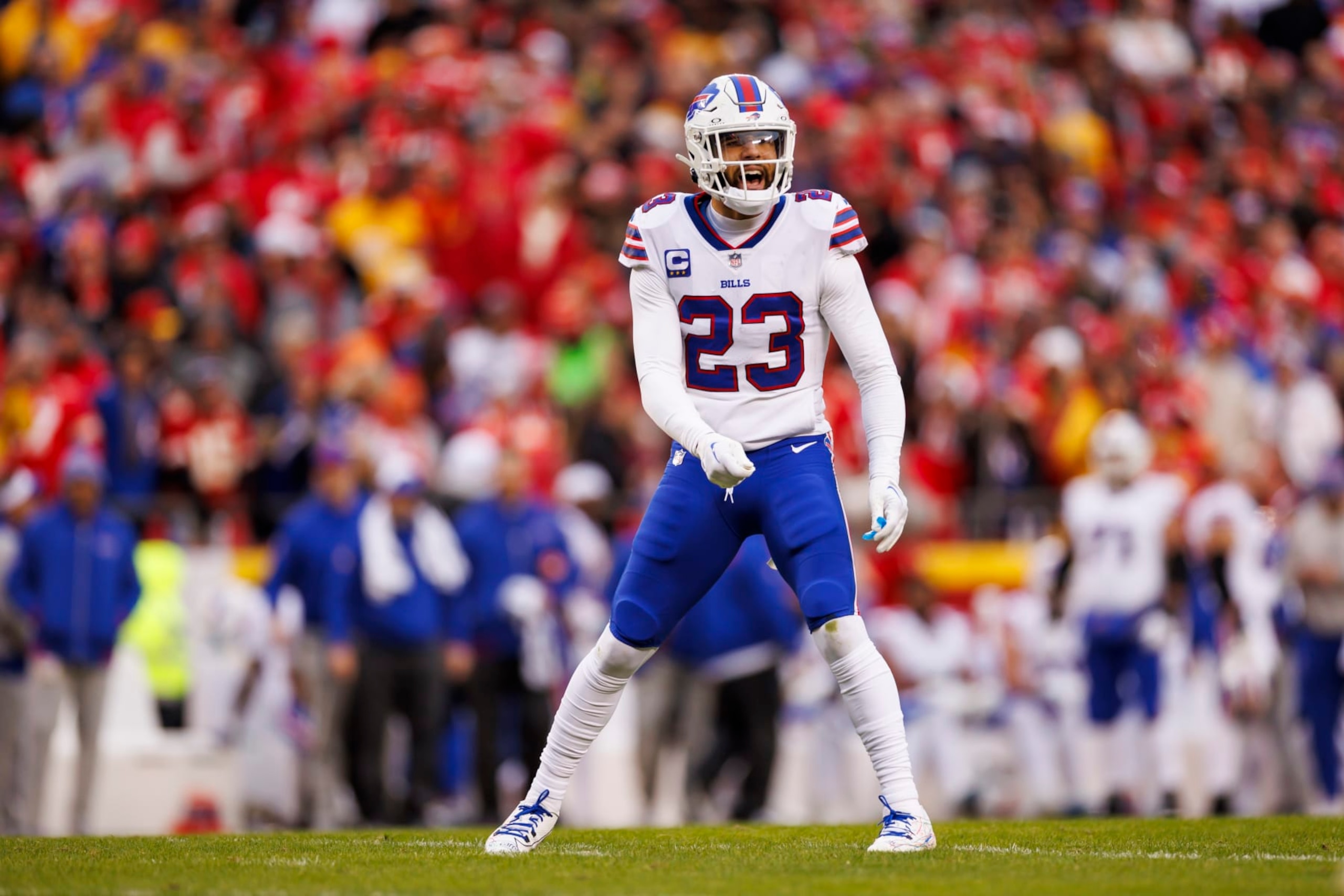 KANSAS CITY, MISSOURI - DECEMBER 10: Micah Hyde #23 of the Buffalo Bills defends in coverage during an NFL football game against the Kansas City Chiefs at GEHA Field at Arrowhead Stadium on December 10, 2023 in Kansas City, Missouri. (Photo by Ryan Kang/Getty Images)