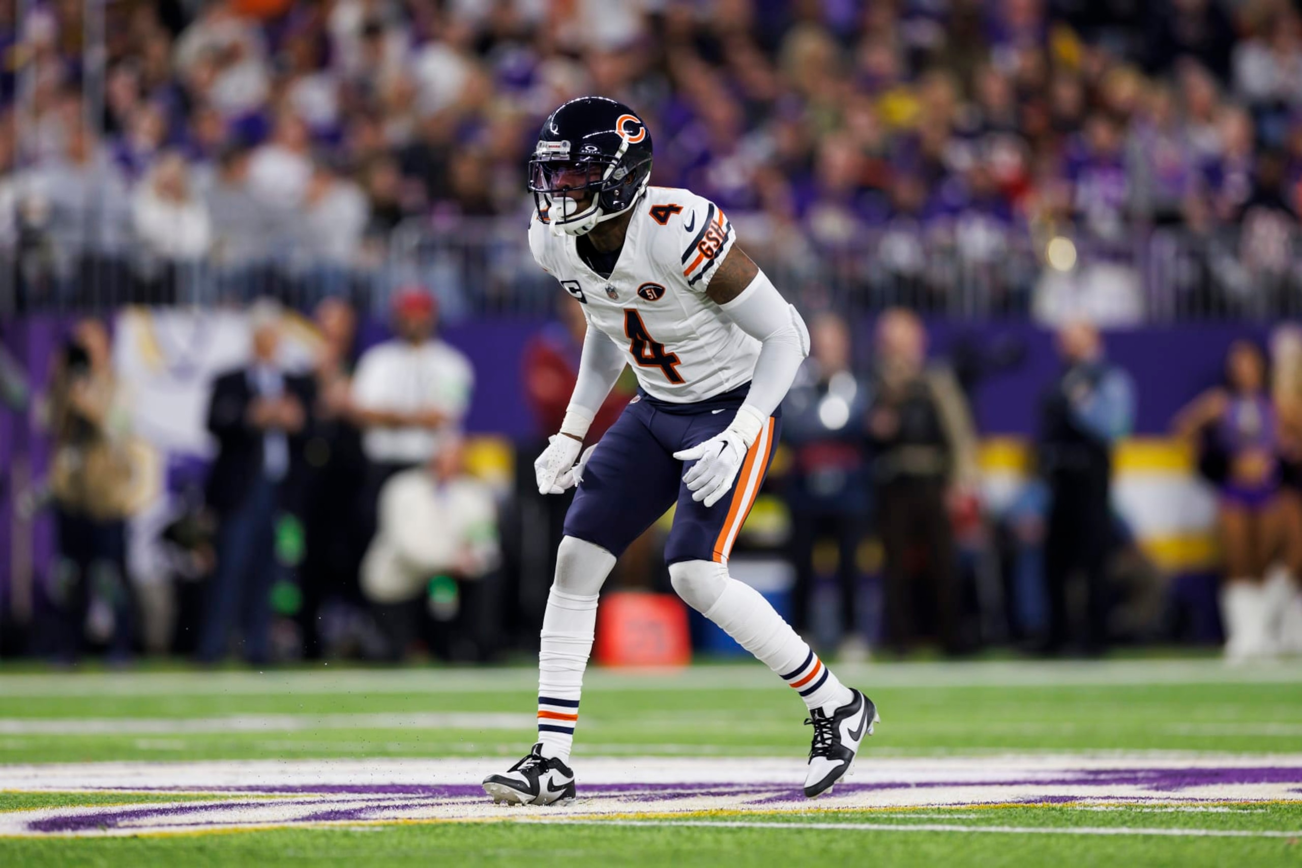 MINNEAPOLIS, MINNESOTA - NOVEMBER 27: Eddie Jackson #4 of the Chicago Bears defends in coverage during an NFL football game against the Minnesota Vikings at U.S. Bank Stadium on November 27, 2023 in Minneapolis, Minnesota. (Photo by Ryan Kang/Getty Images)