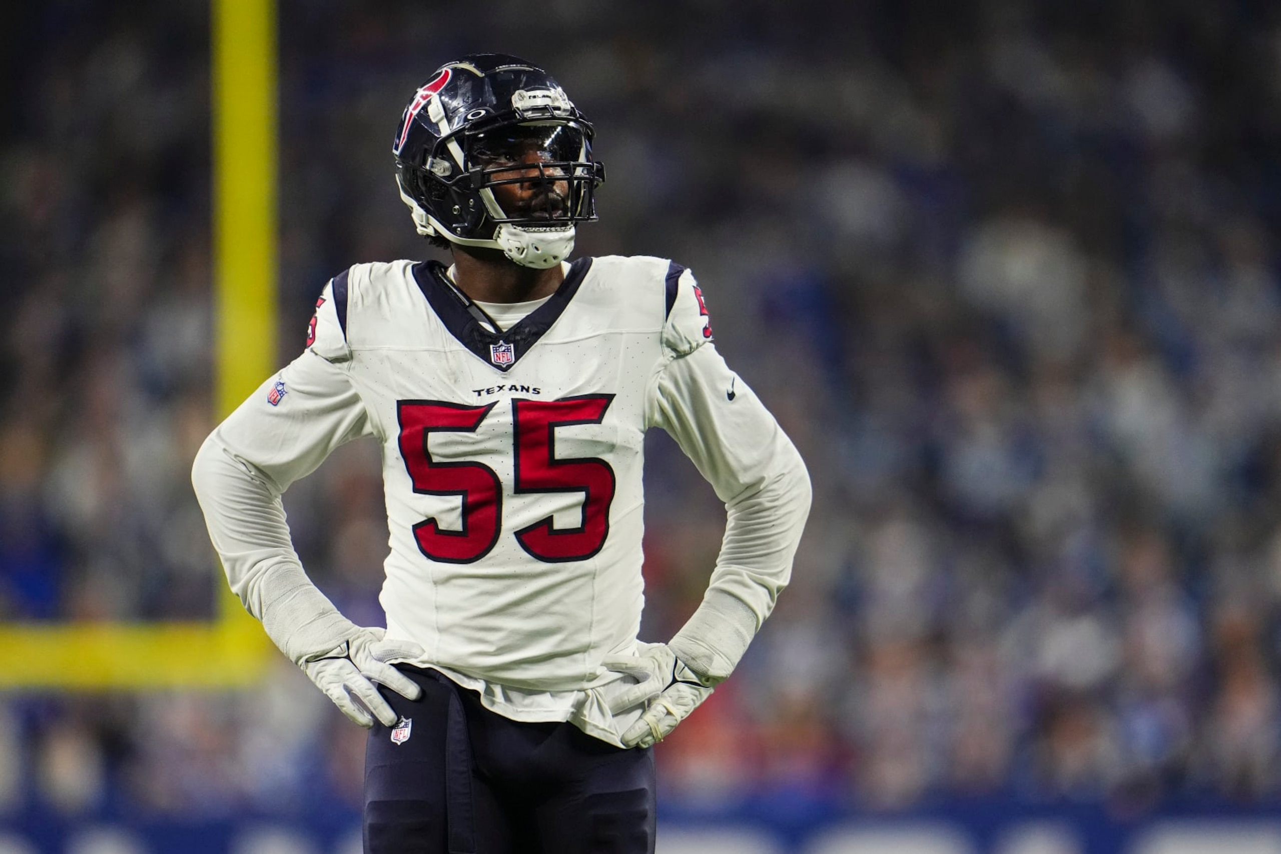 INDIANAPOLIS, IN - JANUARY 06: Jerry Hughes #55 of the Houston Texans looks on from the field during an NFL football game against the Indianapolis Colts at Lucas Oil Stadium on January 6, 2024 in Indianapolis, Indiana. (Photo by Cooper Neill/Getty Images)