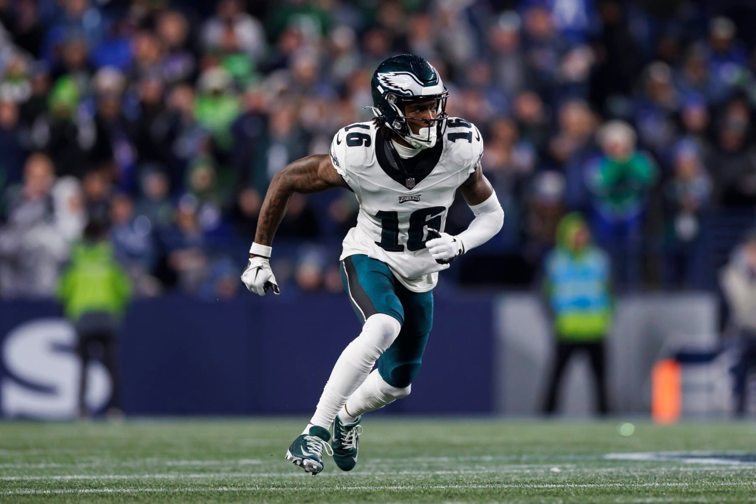 SEATTLE, WASHINGTON - DECEMBER 18: Quez Watkins #16 of the Philadelphia Eagles runs a route against the Seattle Seahawks at Lumen Field on December 18, 2023 in Seattle, Washington. (Photo by Ryan Kang/Getty Images)
