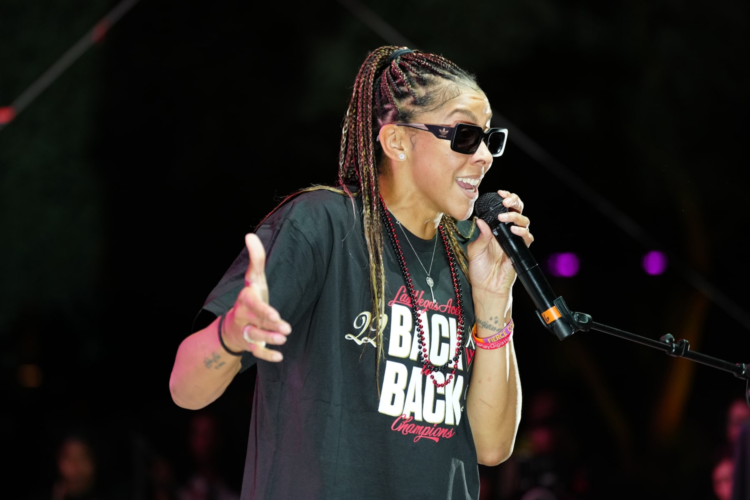 LAS VEGAS, NEVADA - OCTOBER 23: Candace Parker #3 of the Las Vegas Aces celebrates during the 2023 WNBA championship victory parade and rally on the Las Vegas Strip on October 23, 2023 in Las Vegas, Nevada. NOTE TO USER: User expressly acknowledges and agrees that, by downloading and or using this photograph, User is consenting to the terms and conditions of the Getty Images License Agreement. (Photo by Jeff Bottari/NBAE via Getty Images)