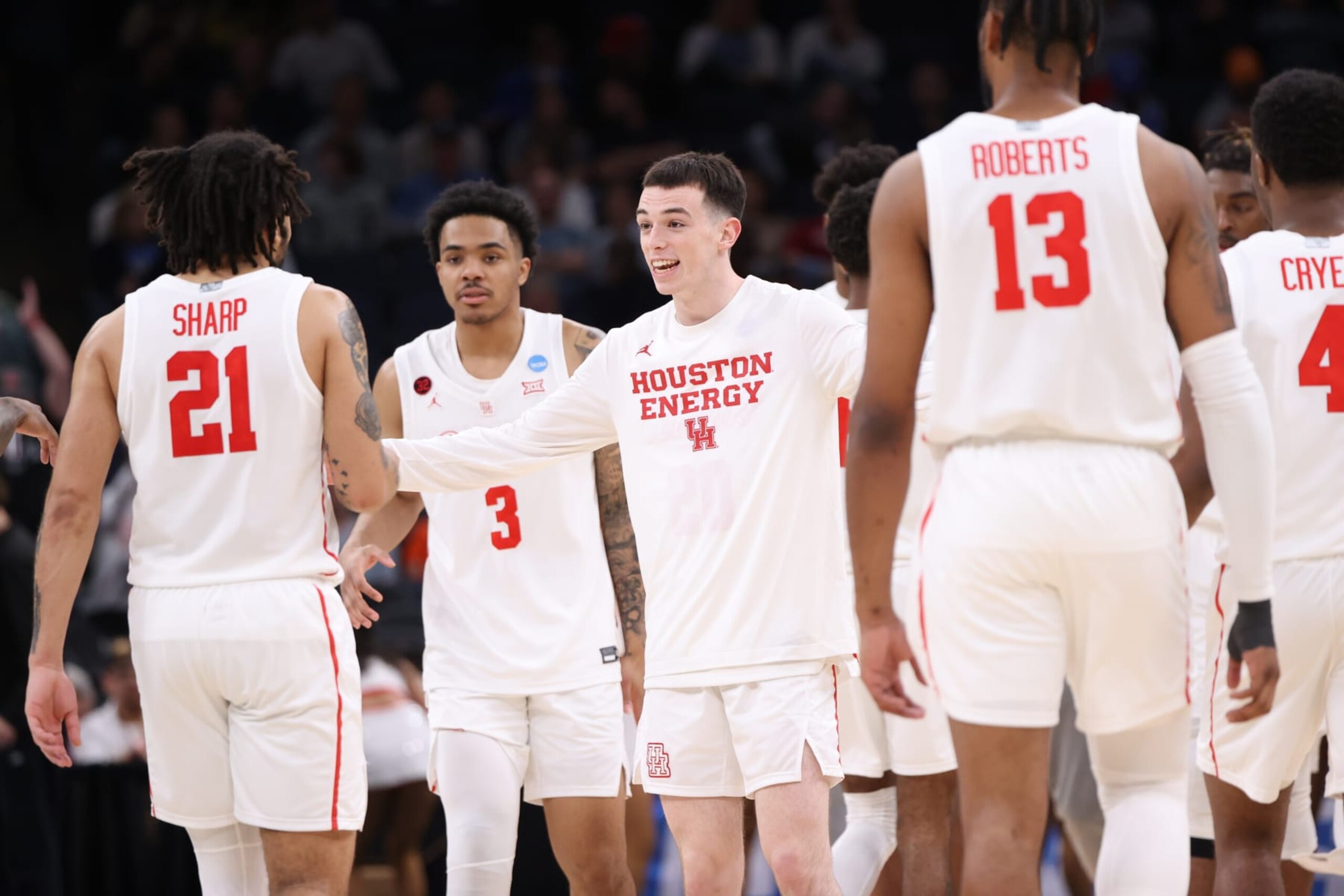 MEMPHIS, TENNESSEE - MARCH 24: The Houston Cougars bench celebrates during the second round of the 2024 NCAA Men's Basketball Tournament held at FedExForum on March 24, 2024 in Memphis, Tennessee. (Photo by Joe Murphy/NCAA Photos via Getty Images)