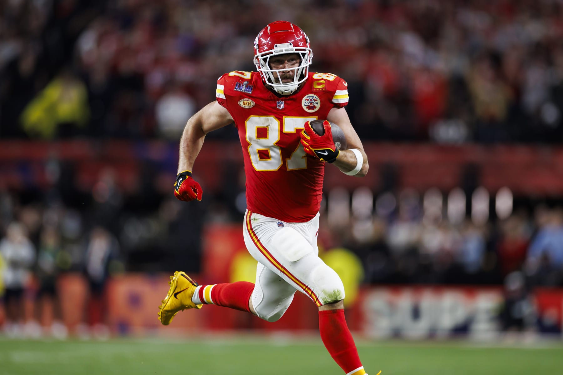 LAS VEGAS, NEVADA - FEBRUARY 11: Travis Kelce #87 of the Kansas City Chiefs runs the ball after a catch during Super Bowl LVIII against the San Francisco 49ers at Allegiant Stadium on February 11, 2024 in Las Vegas, Nevada. (Photo by Ryan Kang/Getty Images) LAS VEGAS, NEVADA - FEBRUARY 11: Travis Kelce #87 of the Kansas City Chiefs runs the ball after a catch during Super Bowl LVIII against the San Francisco 49ers at Allegiant Stadium on February 11, 2024 in Las Vegas, Nevada. (Photo by Ryan Kang/Getty Images)