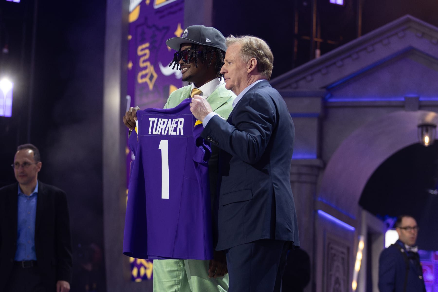 DETROIT, MI - APRIL 25: Alabama Defensive End Dallas Turner poses with NFL Commissioner Roger Goodell after being taken by the Minnesota Vikings with the 17th overall pick during Day 1 of the NFL Draft on April 25, 2024 at Campus Martius Park and Hart Plaza in Detroit, MI. (Photo by John Smolek/Icon Sportswire via Getty Images)