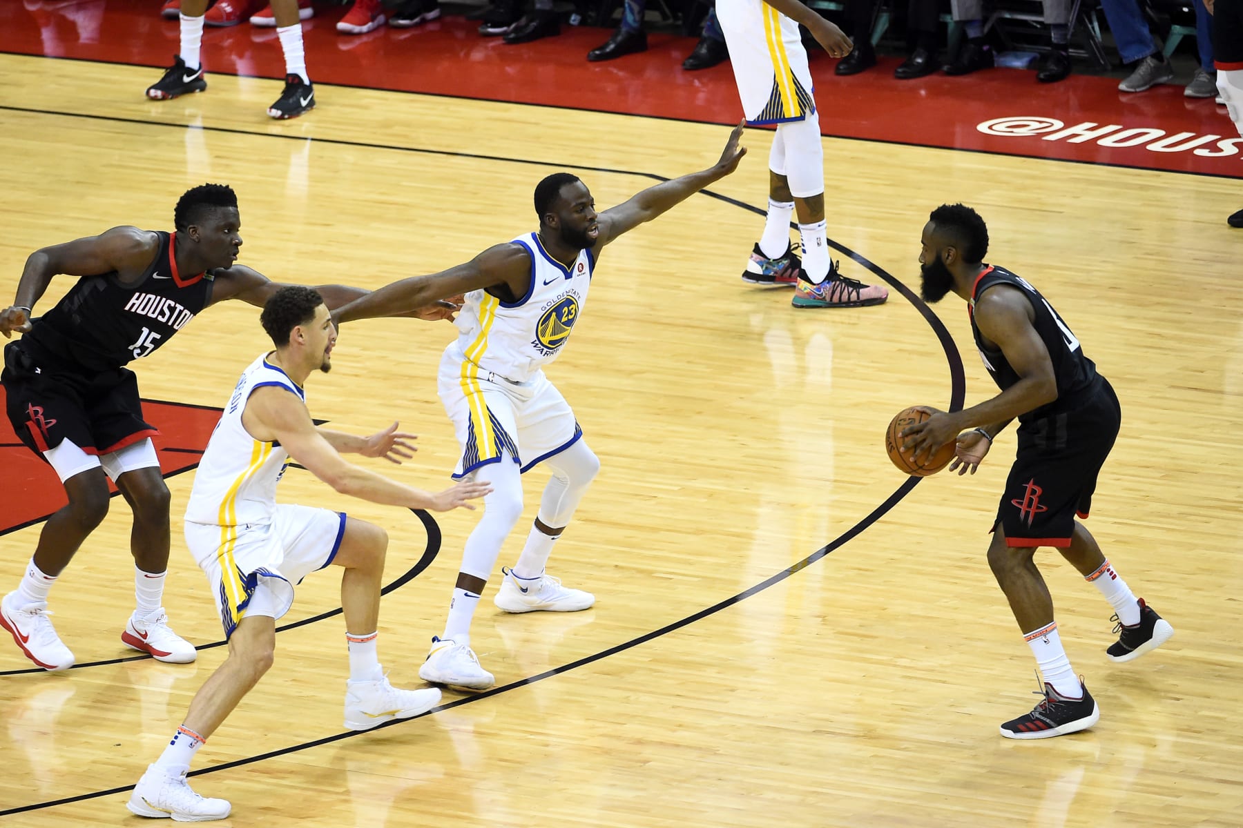 Clint Capela, Klay Thompson, Draymond Green and James Harden
