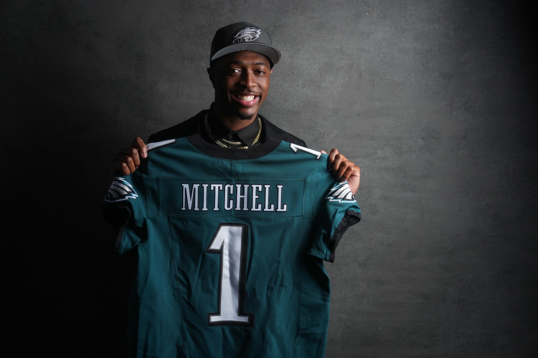 DETROIT, MI - APRIL 25: Cornerback Quinyon Mitchell poses for portraits after being selected twenty second overall in the first round by the Philadelphia Eagles during the 2024 NFL draft on April 25, 2024 in Detroit, Michigan. (Photo by Todd Rosenberg/Getty Images)