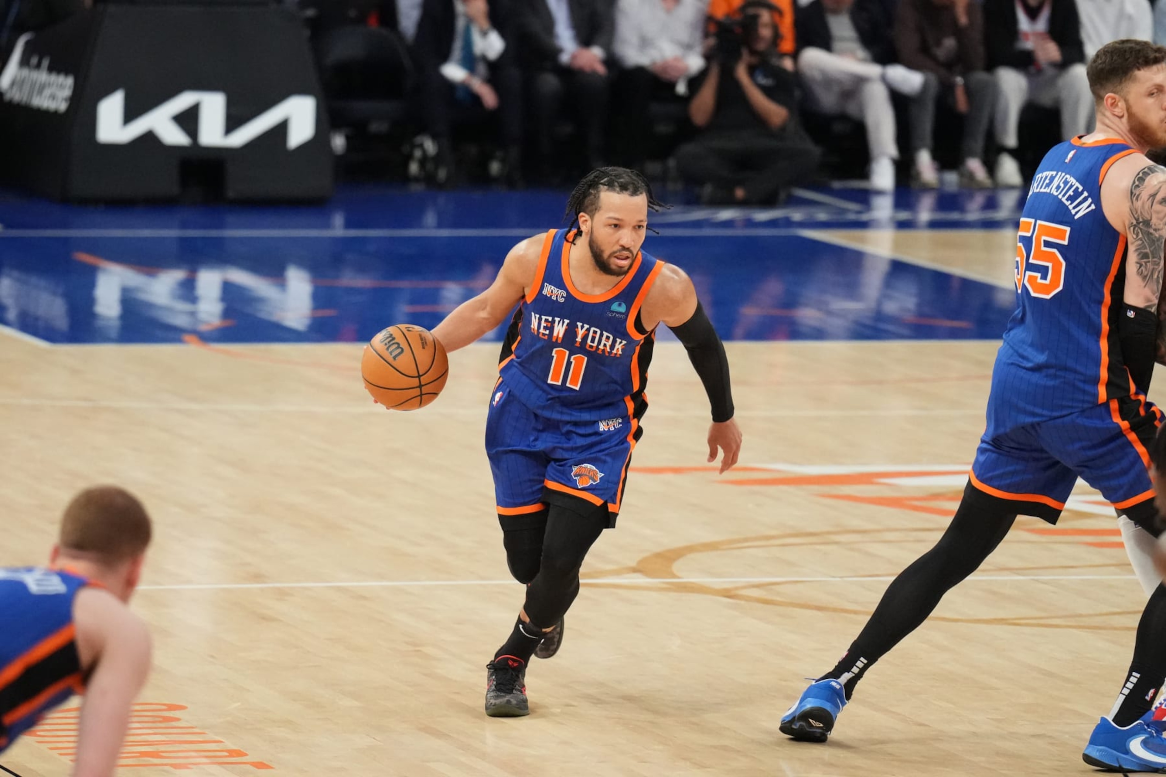 NEW YORK, NY - APRIL 30: Jalen Brunson #11 of the New York Knicks dribbles the ball during the game against the Philadelphia 76ers during Round 1 Game 5 of the 2024 NBA Playoffs on April 30, 2024 at Madison Square Garden in New York City, New York. NOTE TO USER: User expressly acknowledges and agrees that, by downloading and or using this photograph, User is consenting to the terms and conditions of the Getty Images License Agreement. Mandatory Copyright Notice: Copyright 2024 NBAE (Photo by Jesse D. Garrabrant/NBAE via Getty Images) NEW YORK, NY - APRIL 30: Jalen Brunson #11 of the New York Knicks dribbles the ball during the game against the Philadelphia 76ers during Round 1 Game 5 of the 2024 NBA Playoffs on April 30, 2024 at Madison Square Garden in New York City, New York. NOTE TO USER: User expressly acknowledges and agrees that, by downloading and or using this photograph, User is consenting to the terms and conditions of the Getty Images License Agreement. Mandatory Copyright Notice: Copyright 2024 NBAE (Photo by Jesse D. Garrabrant/NBAE via Getty Images)
