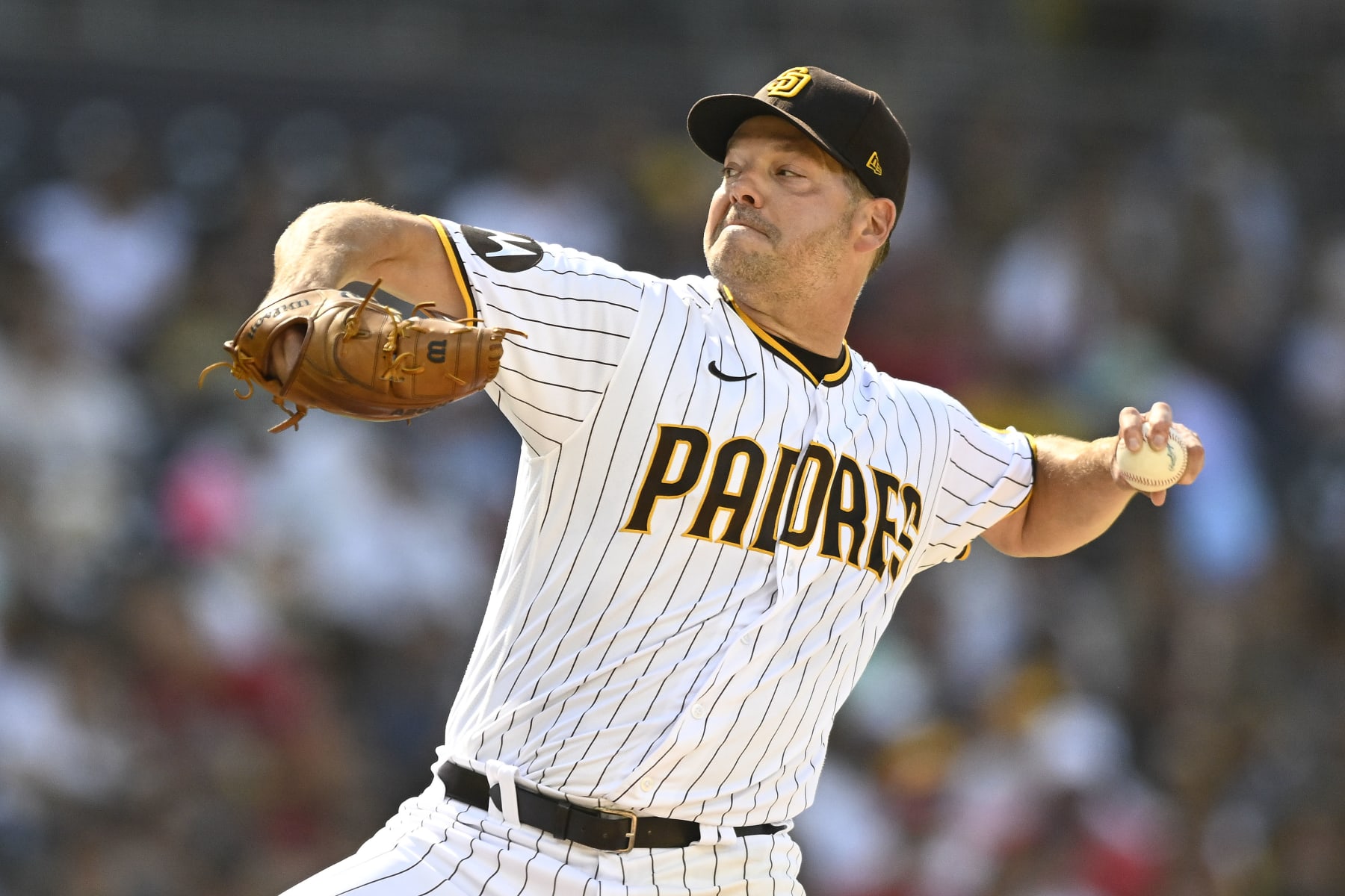 SAN DIEGO, CA - SEPTEMBER 04: Rich Hill #41 of the San Diego Padres pitches during the first inning of a baseball game against the Philadelphia Phillies on September 4, 2023 at Petco Park in San Diego, California. (Photo by Denis Poroy/Getty Images)