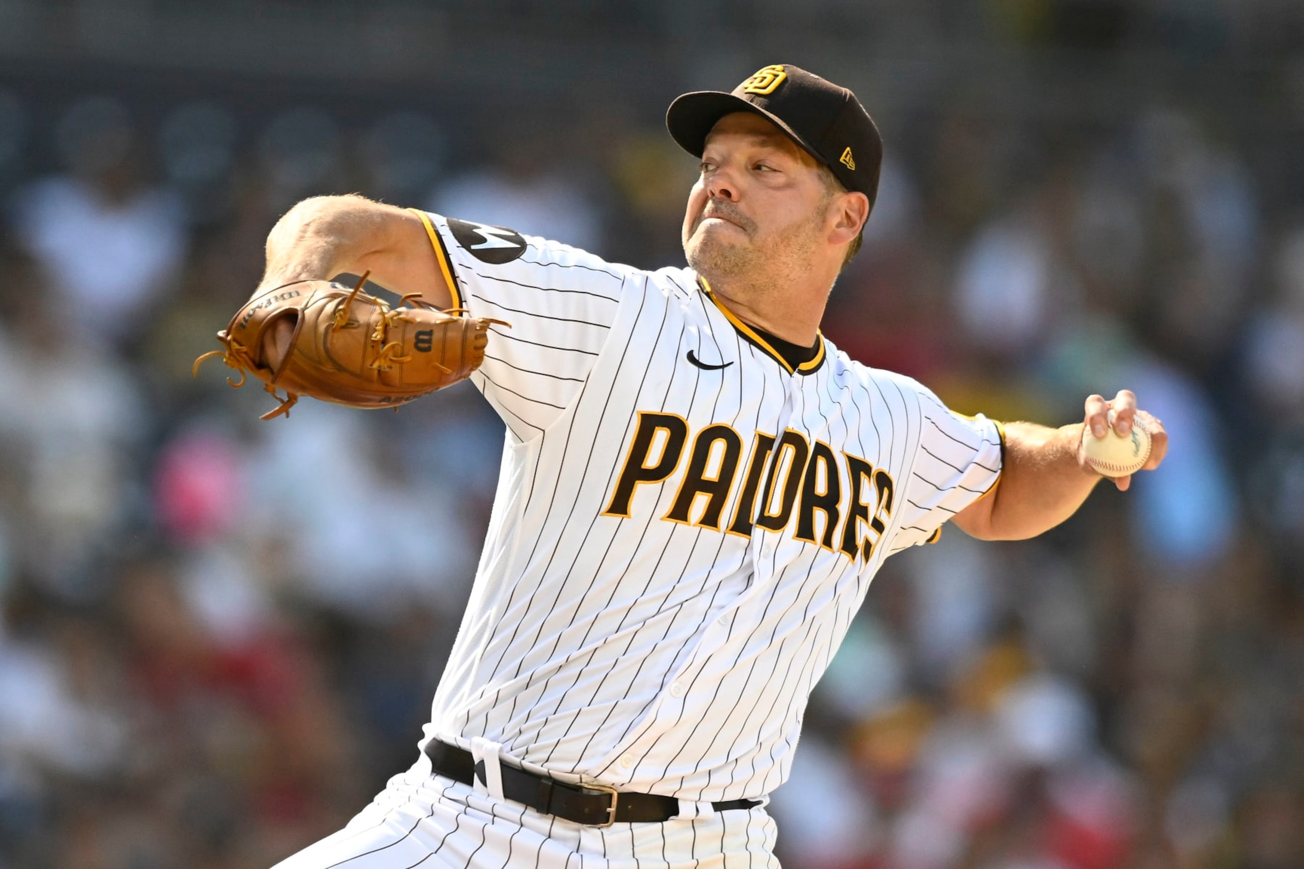 SAN DIEGO, CA - SEPTEMBER 04: Rich Hill #41 of the San Diego Padres pitches during the first inning of a baseball game against the Philadelphia Phillies on September 4, 2023 at Petco Park in San Diego, California. (Photo by Denis Poroy/Getty Images)
