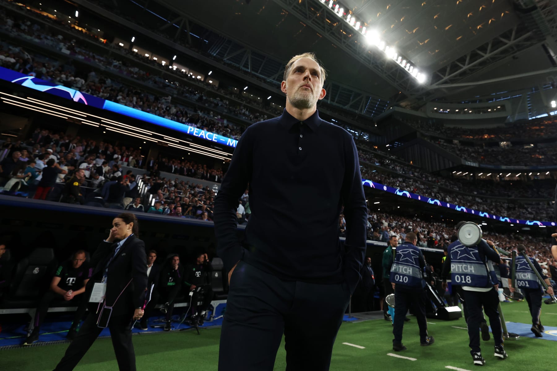 MADRID, SPAIN - MAY 08: Thomas Tuchel, Head Coach of Bayern Munich, looks on prior to the UEFA Champions League semi-final second leg match between Real Madrid and FC Bayern München at Estadio Santiago Bernabeu on May 08, 2024 in Madrid, Spain. (Photo by Alexander Hassenstein/Getty Images)