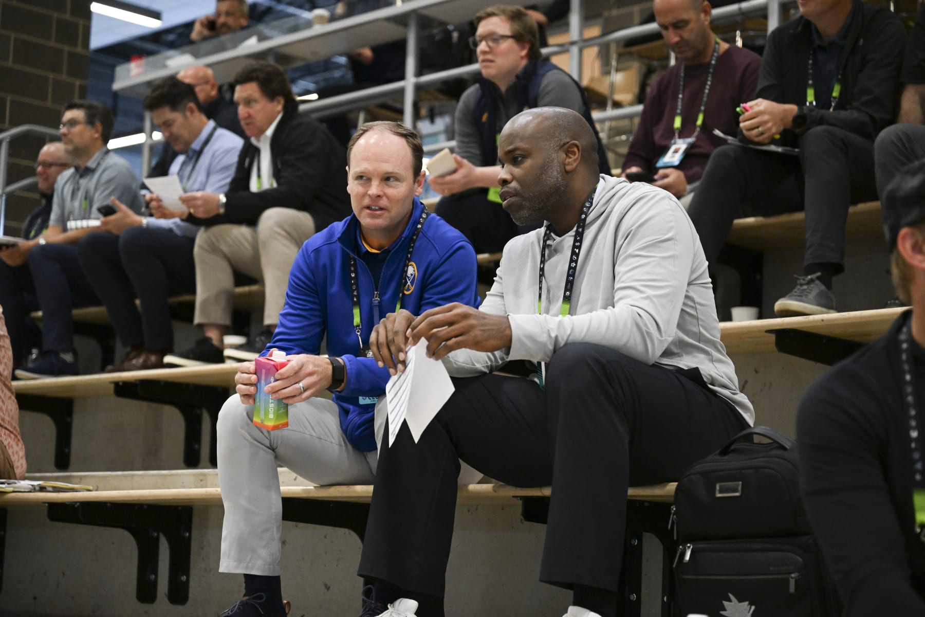 Buffalo Sabres GM Kevyn Adams and San Jose GM Mike Grier