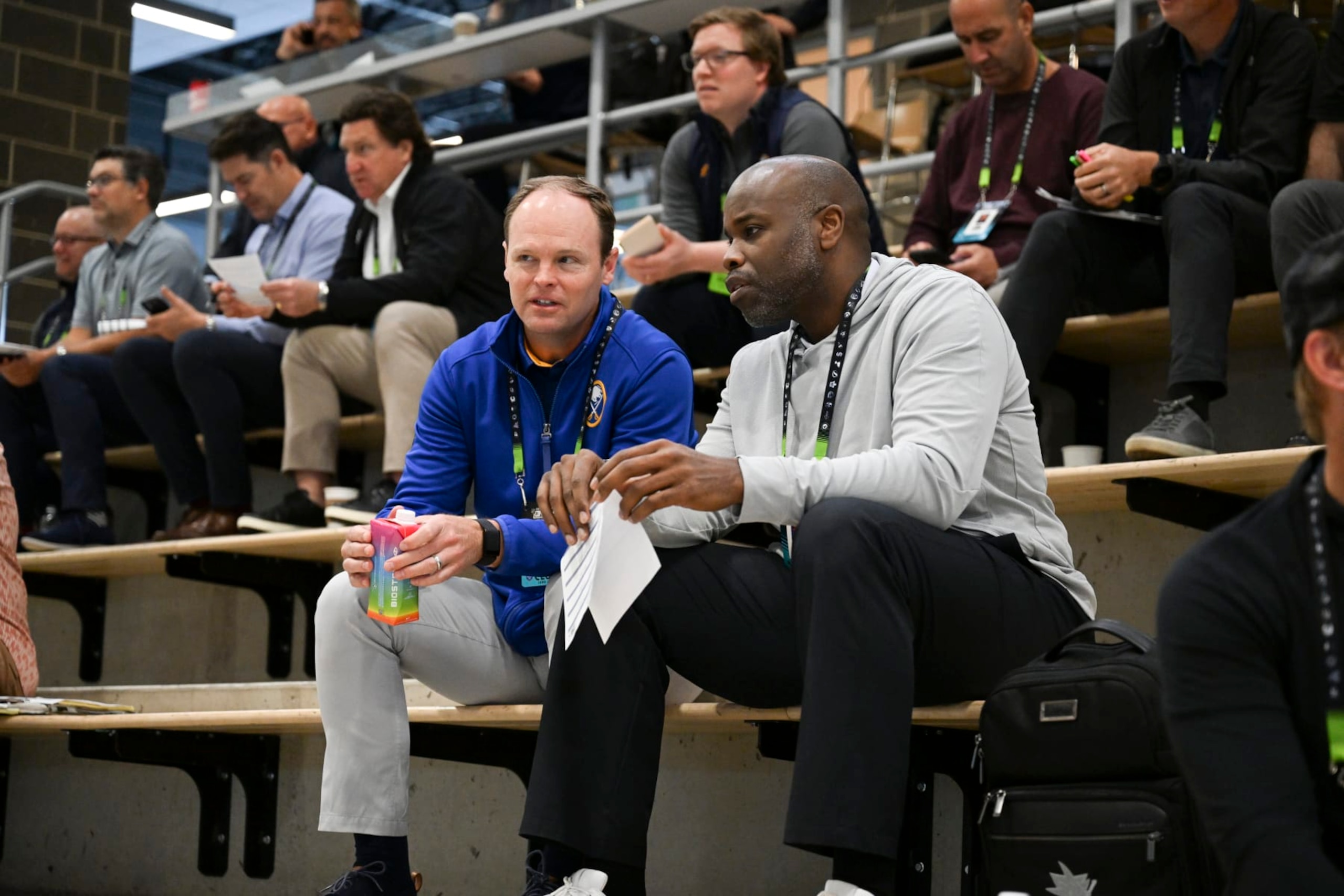 Buffalo Sabres GM Kevyn Adams and San Jose GM Mike Grier