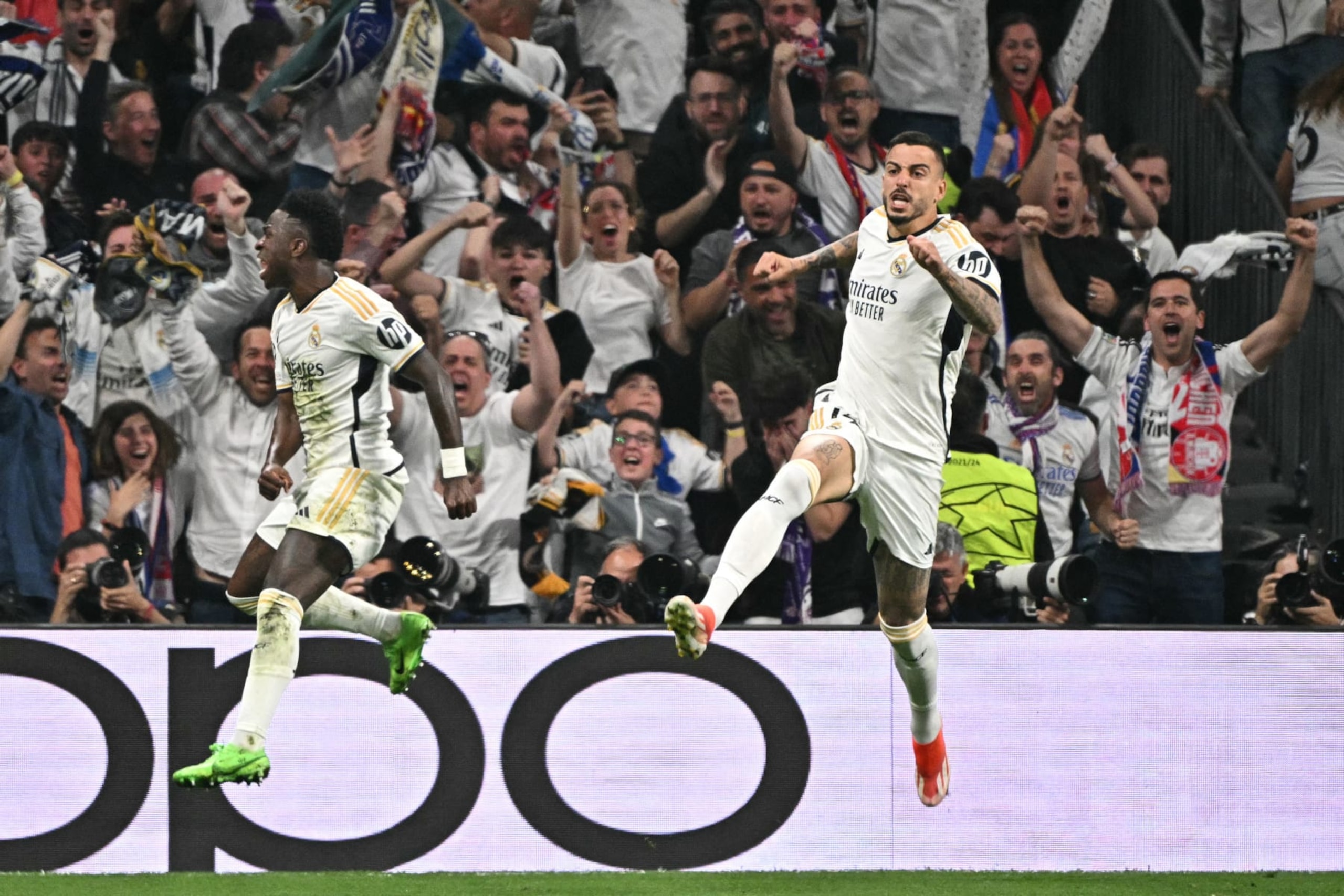 TOPSHOT - Real Madrid's Spanish forward #14 Joselu (R) celebrates scoring the equalizing goal during the UEFA Champions League semi final second leg football match between Real Madrid CF and FC Bayern Munich at the Santiago Bernabeu stadium in Madrid on May 8, 2024. (Photo by JAVIER SORIANO / AFP) (Photo by JAVIER SORIANO/AFP via Getty Images) TOPSHOT - Real Madrid's Spanish forward #14 Joselu (R) celebrates scoring the equalizing goal during the UEFA Champions League semi final second leg football match between Real Madrid CF and FC Bayern Munich at the Santiago Bernabeu stadium in Madrid on May 8, 2024. (Photo by JAVIER SORIANO / AFP) (Photo by JAVIER SORIANO/AFP via Getty Images)