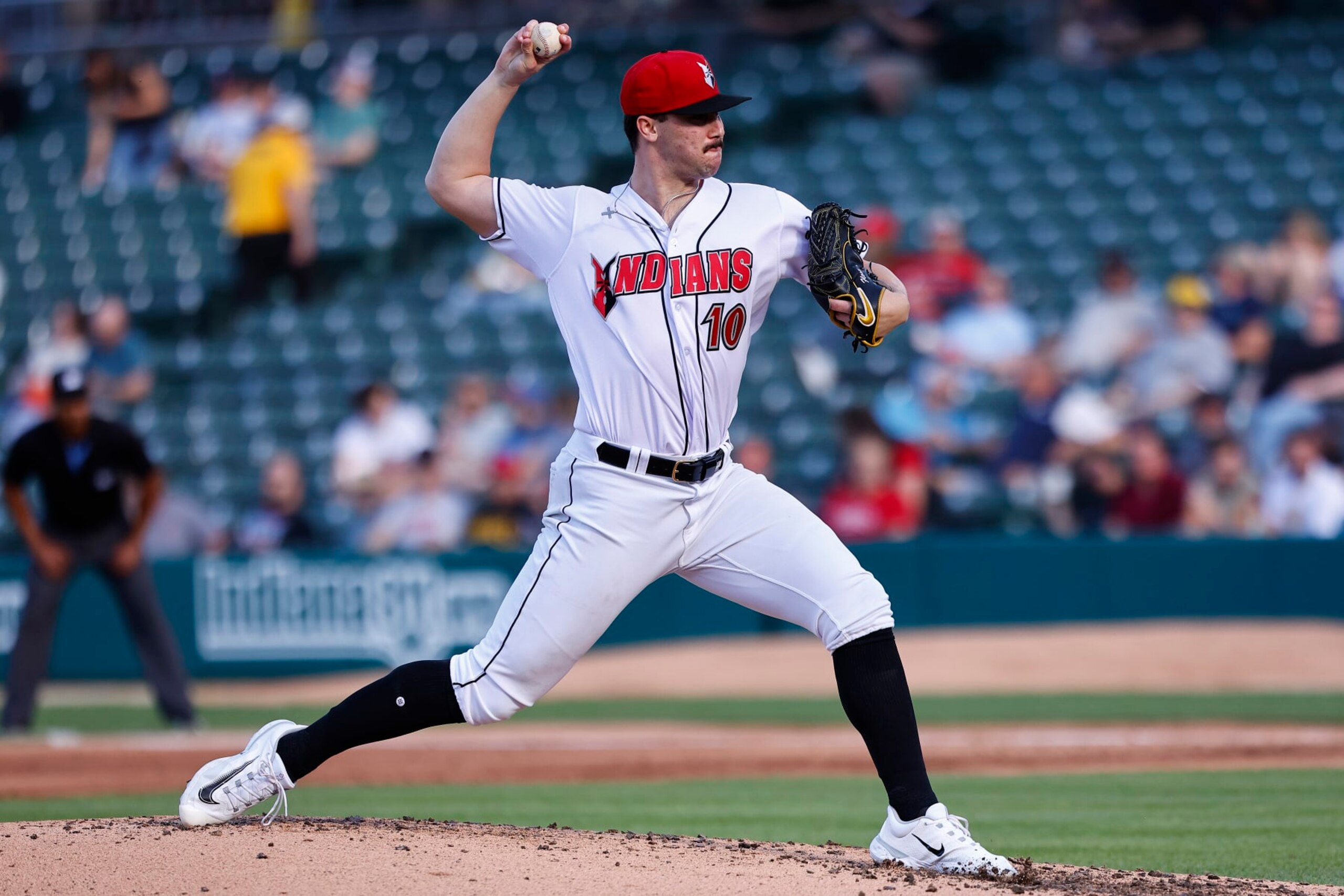 INDIANAPOLIS, IN - APRIL 30: The number one draft pick out of LSU Indianapolis Indians pitcher Paul Skenes (10) brings the pitch to the plate during a Milb baseball game between the Buffalo Bisons and the Indianapolis Indians on April, 30, 2024 at Victory Field in Indianapolis, IN.(Photo by Jeffrey Brown/Icon Sportswire via Getty Images)