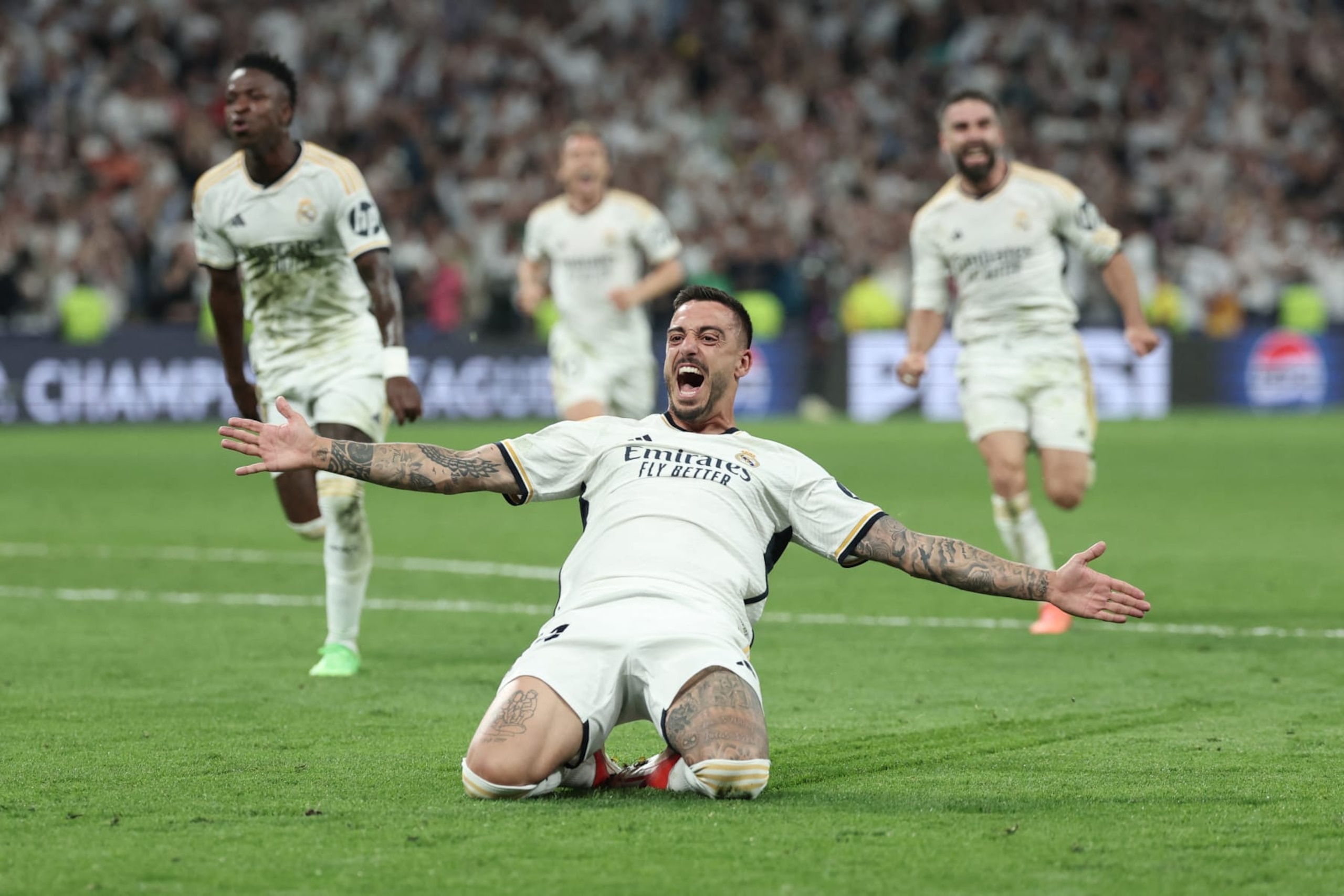 Real Madrid's Spanish forward #14 Joselu celebrates scoring during the UEFA Champions League semi final second leg football match between Real Madrid CF and FC Bayern Munich at the Santiago Bernabeu stadium in Madrid on May 8, 2024. (Photo by Thomas COEX / AFP) (Photo by THOMAS COEX/AFP via Getty Images) Real Madrid's Spanish forward #14 Joselu celebrates scoring during the UEFA Champions League semi final second leg football match between Real Madrid CF and FC Bayern Munich at the Santiago Bernabeu stadium in Madrid on May 8, 2024. (Photo by Thomas COEX / AFP) (Photo by THOMAS COEX/AFP via Getty Images)