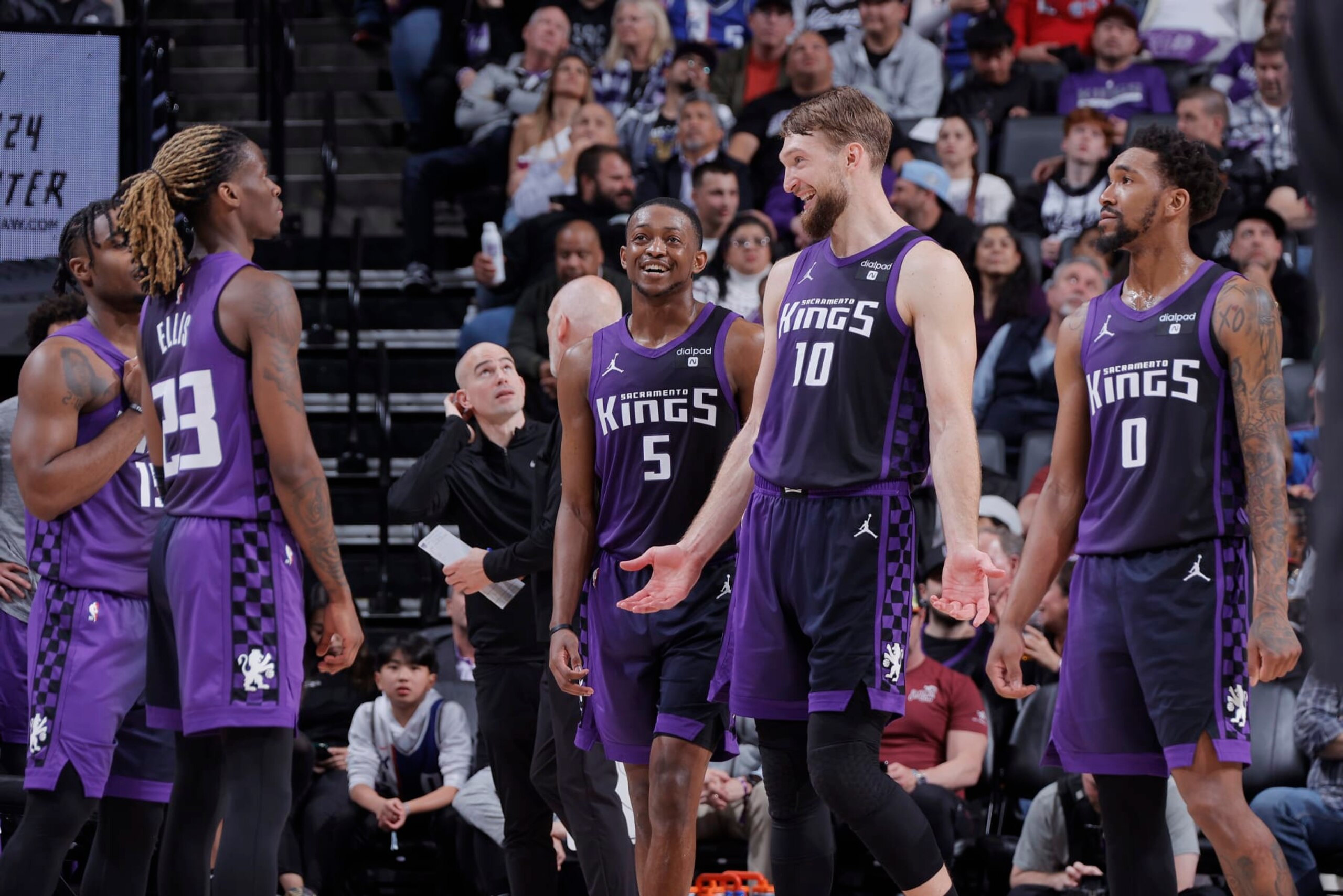 SACRAMENTO, CA - MARCH 12: Domantas Sabonis #10, De'Aaron Fox #5, Malik Monk #0, Keon Ellis #23, and Davion Mitchell #15 of the Sacramento Kings talk during the game against the Milwaukee Bucks on March 12, 2024 at Golden 1 Center in Sacramento, California. NOTE TO USER: User expressly acknowledges and agrees that, by downloading and or using this photograph, User is consenting to the terms and conditions of the Getty Images Agreement. Mandatory Copyright Notice: Copyright 2024 NBAE (Photo by Rocky Widner/NBAE via Getty Images) SACRAMENTO, CA - MARCH 12: Domantas Sabonis #10, De'Aaron Fox #5, Malik Monk #0, Keon Ellis #23, and Davion Mitchell #15 of the Sacramento Kings talk during the game against the Milwaukee Bucks on March 12, 2024 at Golden 1 Center in Sacramento, California. NOTE TO USER: User expressly acknowledges and agrees that, by downloading and or using this photograph, User is consenting to the terms and conditions of the Getty Images Agreement. Mandatory Copyright Notice: Copyright 2024 NBAE (Photo by Rocky Widner/NBAE via Getty Images)