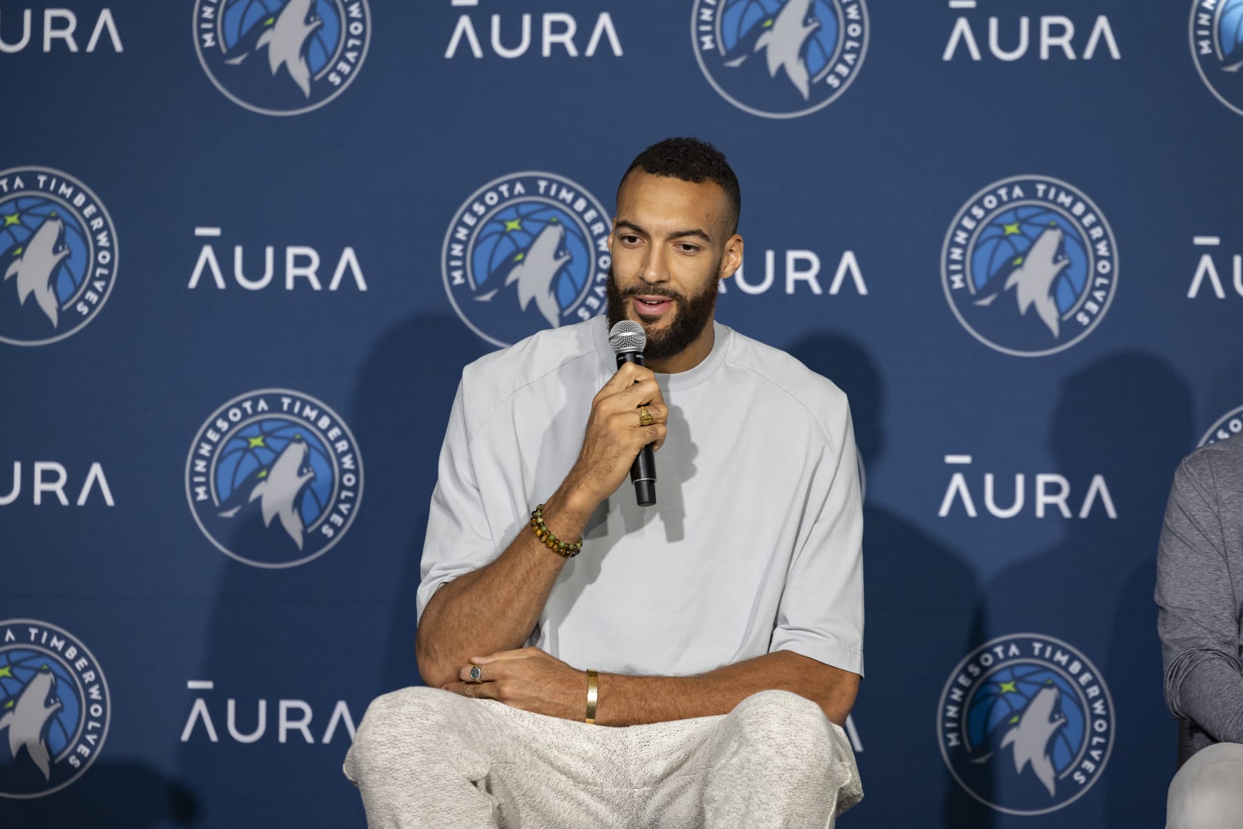 MINNEAPOLIS, MN - MAY 8: Rudy Gobert #27 of the Minnesota Timberwolves speaks with the media following being named 2023-24 Kia NBA Defensive Player of the Year on May 8, 2024 at Target Center in Minneapolis, Minnesota.  NOTE TO USER: User expressly acknowledges and agrees that, by downloading and or using this Photograph, user is consenting to the terms and conditions of the Getty Images License Agreement. Mandatory Copyright Notice: Copyright 2024 NBAE (Photo by David Sherman/NBAE via Getty Images)