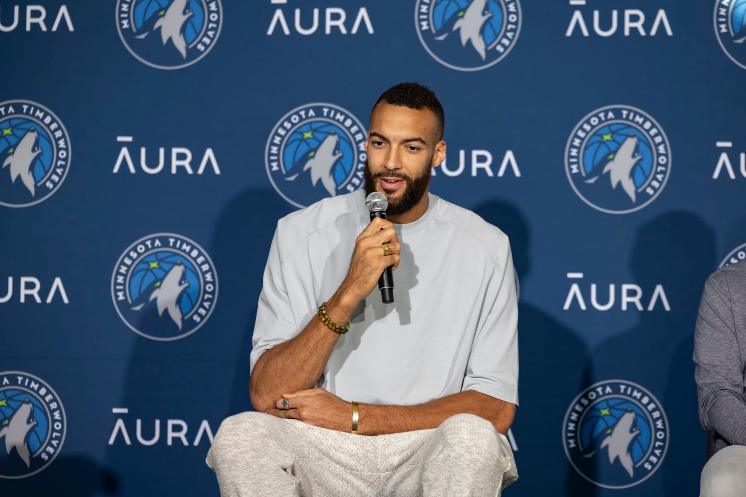 MINNEAPOLIS, MN - MAY 8: Rudy Gobert #27 of the Minnesota Timberwolves speaks with the media following being named 2023-24 Kia NBA Defensive Player of the Year on May 8, 2024 at Target Center in Minneapolis, Minnesota.  NOTE TO USER: User expressly acknowledges and agrees that, by downloading and or using this Photograph, user is consenting to the terms and conditions of the Getty Images License Agreement. Mandatory Copyright Notice: Copyright 2024 NBAE (Photo by David Sherman/NBAE via Getty Images)