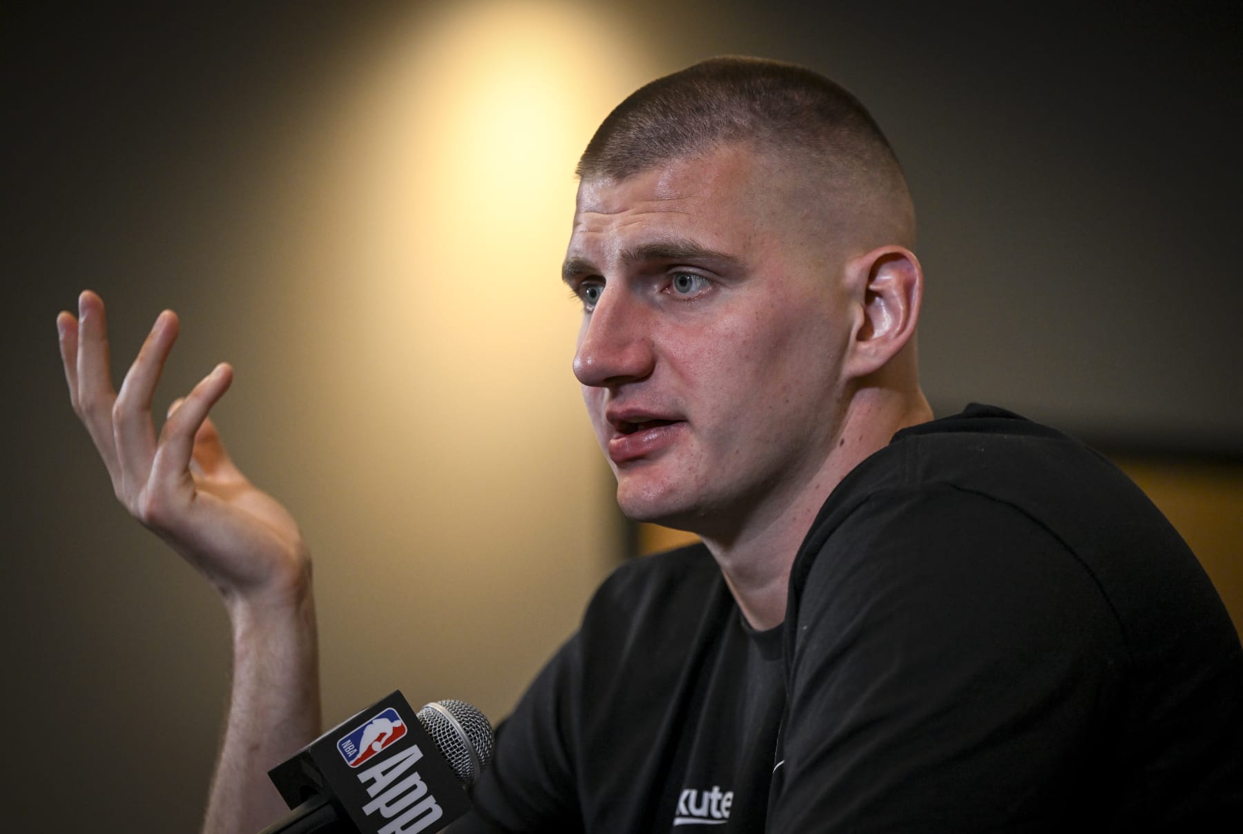 DENVER, CO - MAY 8: Nikola Jokic (15) of the Denver Nuggets speaks about winning his third NBA MVP at Ball Arena in Denver on Wednesday, May 8, 2024. (Photo by AAron Ontiveroz/The Denver Post)