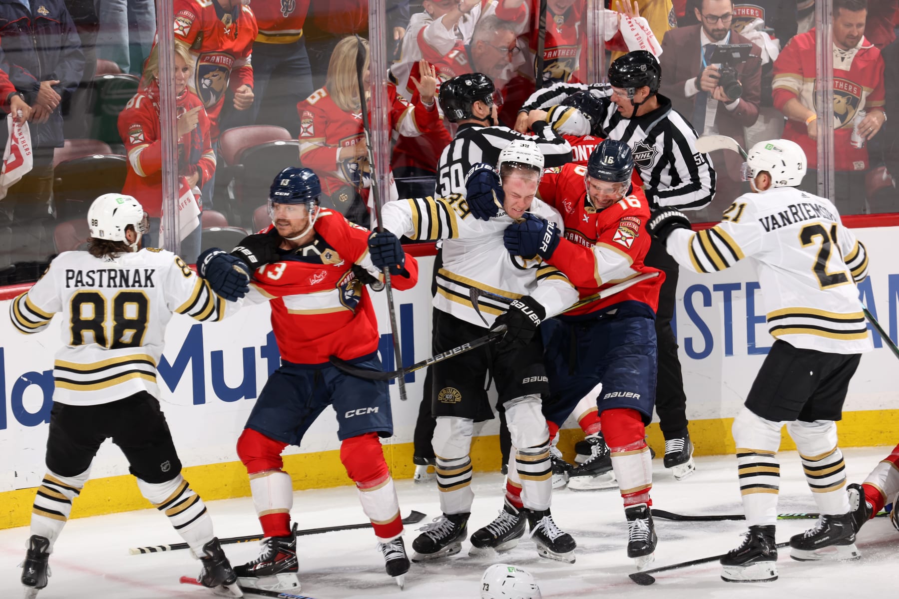 SUNRISE, FLORIDA - MAY 08: Boston Bruins players fight with Florida Panthers players during the third period in Game Two of the Second Round of the 2024 Stanley Cup Playoffs at Amerant Bank Arena on May 08, 2024 in Sunrise, Florida.  (Photo by Joel Auerbach/Getty Images)