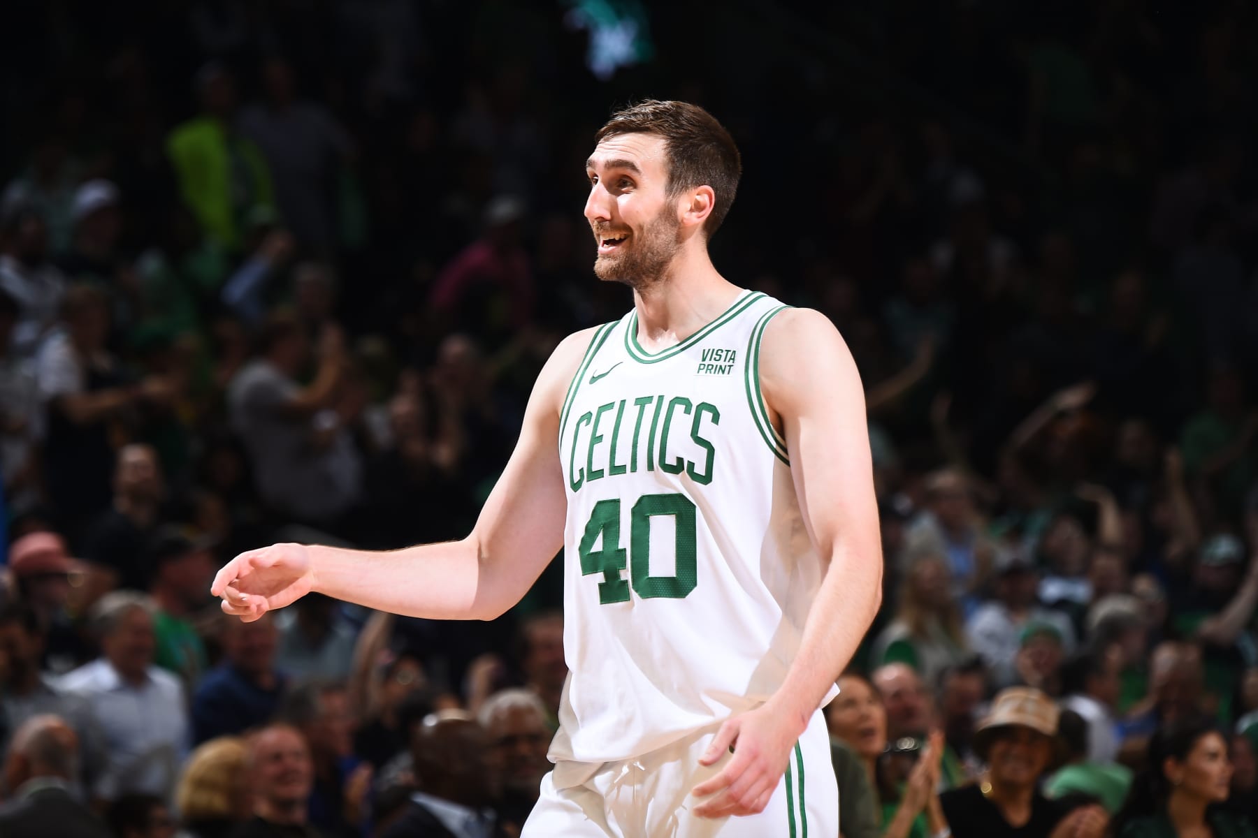 BOSTON, MA - MAY 7:  Luke Kornet #40 of the Boston Celtics smiles during the game against the Cleveland Cavaliers during Round 2 Game 1 on May 7, 2024 at the TD Garden in Boston, Massachusetts. NOTE TO USER: User expressly acknowledges and agrees that, by downloading and or using this photograph, User is consenting to the terms and conditions of the Getty Images License Agreement. Mandatory Copyright Notice: Copyright 2024 NBAE  (Photo by Brian Babineau/NBAE via Getty Images)