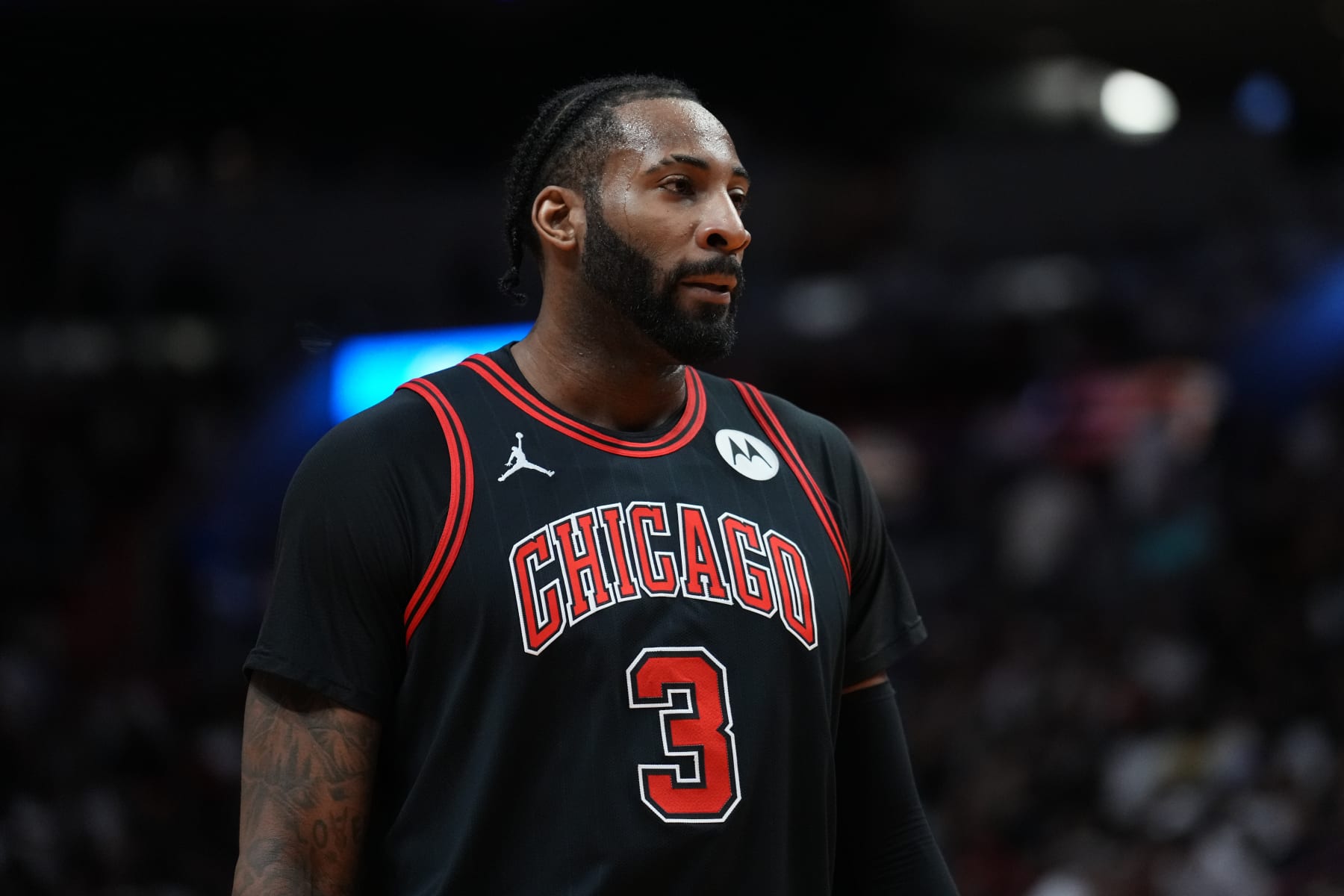 MIAMI, FLORIDA - APRIL 19: Andre Drummond #3 of the Chicago Bulls looks on against the Miami Heat in the third quarter during the Play-In Tournament at Kaseya Center on April 19, 2024 in Miami, Florida. NOTE TO USER: User expressly acknowledges and agrees that, by downloading and or using this photograph, User is consenting to the terms and conditions of the Getty Images License Agreement. (Photo by Rich Storry/Getty Images)