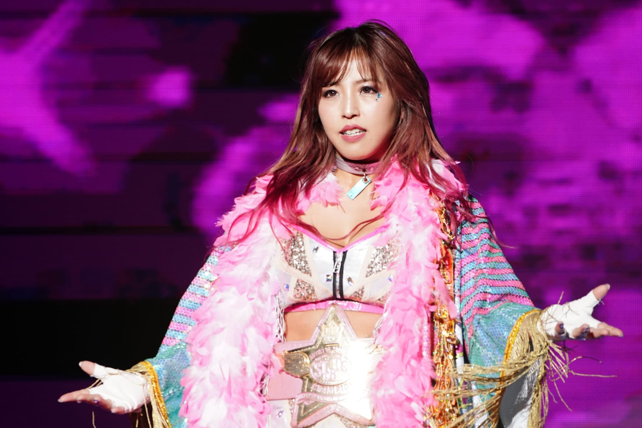 YOKOHAMA, JAPAN - APRIL 27: Mina Shirakawa enters the ring during the Women's Pro-Wrestling "Stardom" - ALL STAR GRAND QUEENDOM at Yokohama Buntai on April 27, 2024 in Yokohama, Kanagawa, Japan. (Photo by Etsuo Hara/Getty Images)