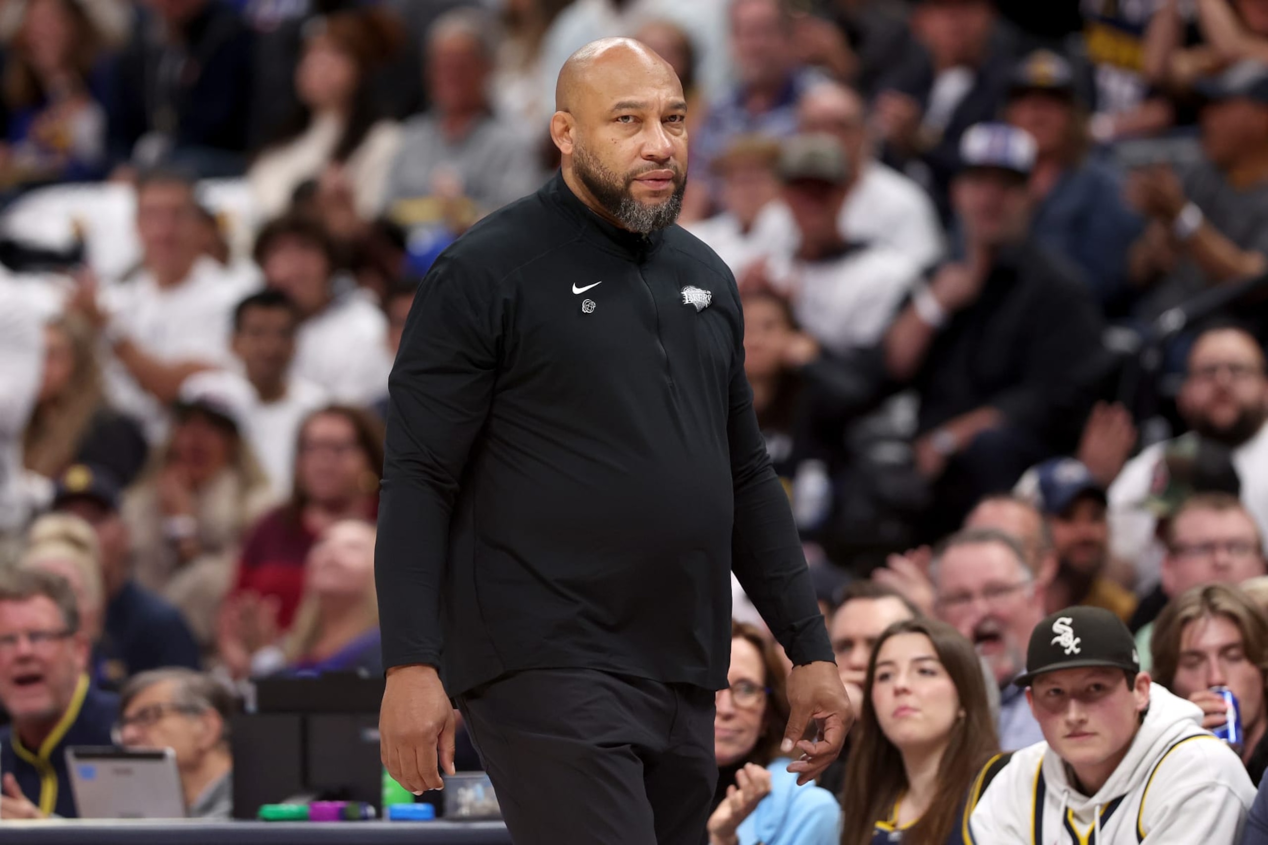 DENVER, COLORADO - APRIL 20: Head coach Darvin Ham of the Los Angeles Lakers watches as his team plays the Denver Nuggets in the first quarter during game one of the Western Conference First Round Playoffs at Ball Arena on April 20, 2024 in Denver, Colorado. NOTE TO USER: User expressly acknowledges and agrees that, by downloading and or using this photograph, User is consenting to the terms and conditions of the Getty Images License Agreement. (Photo by Matthew Stockman/Getty Images) DENVER, COLORADO - APRIL 20: Head coach Darvin Ham of the Los Angeles Lakers watches as his team plays the Denver Nuggets in the first quarter during game one of the Western Conference First Round Playoffs at Ball Arena on April 20, 2024 in Denver, Colorado. NOTE TO USER: User expressly acknowledges and agrees that, by downloading and or using this photograph, User is consenting to the terms and conditions of the Getty Images License Agreement. (Photo by Matthew Stockman/Getty Images)