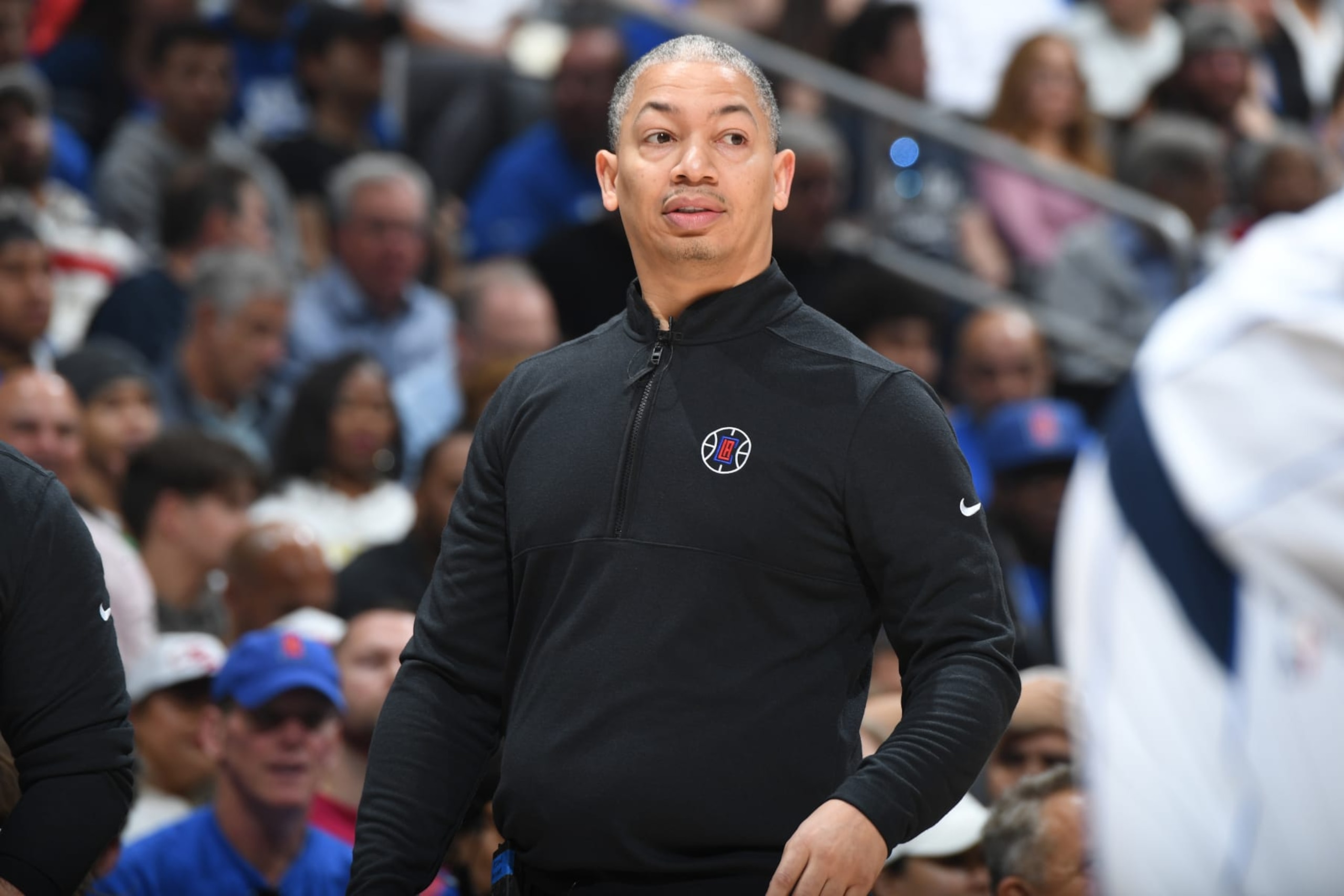 LOS ANGELES, CA - APRIL 21: Head Coach Tyronn Lue of the LA Clippers looks on during the game against the Dallas Mavericks during the 2024 NBA Playoffs on April 21, 2024 at Crypto.Com Arena in Los Angeles, California. NOTE TO USER: User expressly acknowledges and agrees that, by downloading and/or using this Photograph, user is consenting to the terms and conditions of the Getty Images License Agreement. Mandatory Copyright Notice: Copyright 2024 NBAE (Photo by Andrew D. Bernstein/NBAE via Getty Images) LOS ANGELES, CA - APRIL 21: Head Coach Tyronn Lue of the LA Clippers looks on during the game against the Dallas Mavericks during the 2024 NBA Playoffs on April 21, 2024 at Crypto.Com Arena in Los Angeles, California. NOTE TO USER: User expressly acknowledges and agrees that, by downloading and/or using this Photograph, user is consenting to the terms and conditions of the Getty Images License Agreement. Mandatory Copyright Notice: Copyright 2024 NBAE (Photo by Andrew D. Bernstein/NBAE via Getty Images)