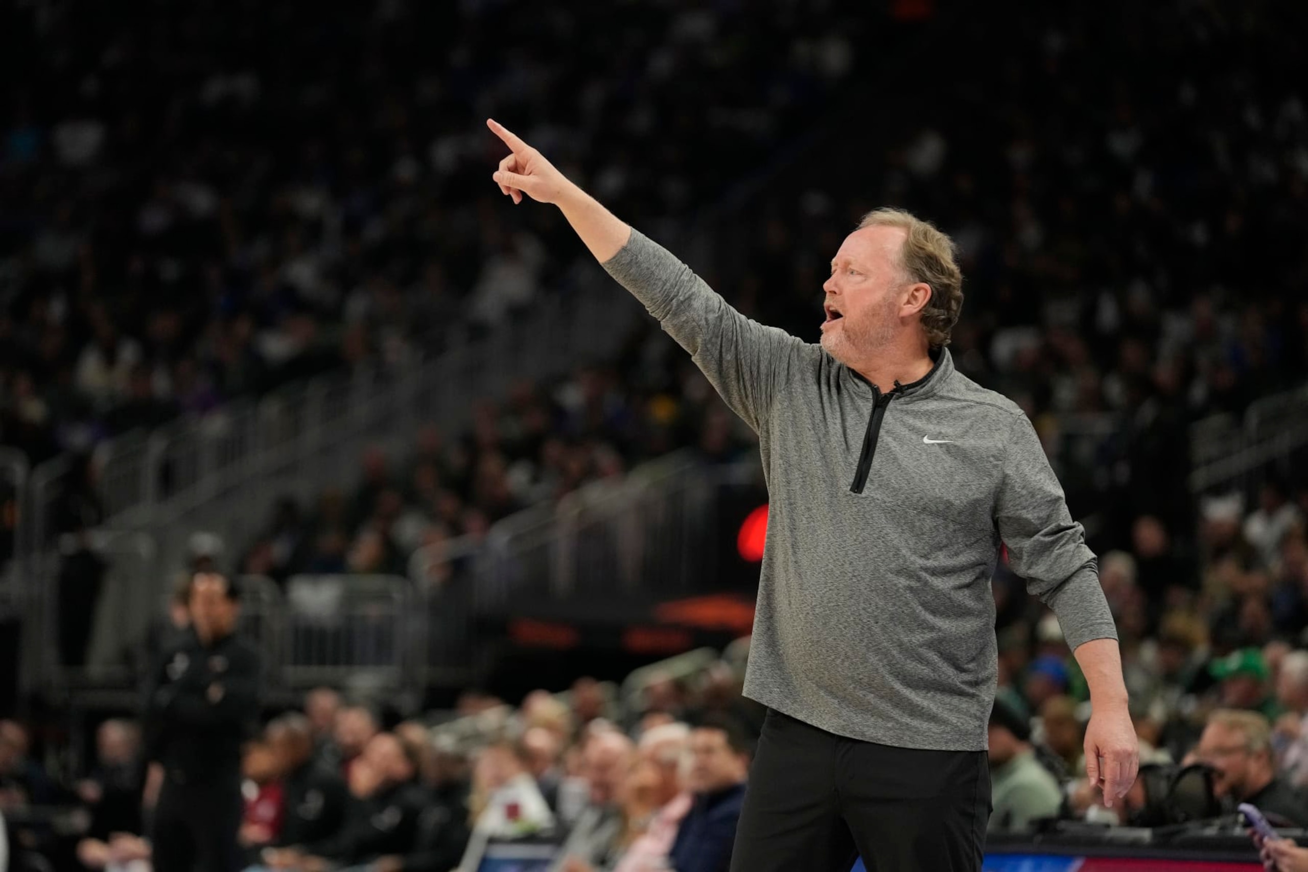 MILWAUKEE, WISCONSIN - APRIL 19: Head coach Mike Budenholzer of the Milwaukee Bucks reacts during the first half of Game Two of the Eastern Conference First Round Playoffs against the Miami Heat at Fiserv Forum on April 19, 2023 in Milwaukee, Wisconsin. NOTE TO USER: User expressly acknowledges and agrees that, by downloading and or using this photograph, user is consenting to the terms and conditions of the Getty Images License Agreement. (Photo by Patrick McDermott/Getty Images) MILWAUKEE, WISCONSIN - APRIL 19: Head coach Mike Budenholzer of the Milwaukee Bucks reacts during the first half of Game Two of the Eastern Conference First Round Playoffs against the Miami Heat at Fiserv Forum on April 19, 2023 in Milwaukee, Wisconsin. NOTE TO USER: User expressly acknowledges and agrees that, by downloading and or using this photograph, user is consenting to the terms and conditions of the Getty Images License Agreement. (Photo by Patrick McDermott/Getty Images)
