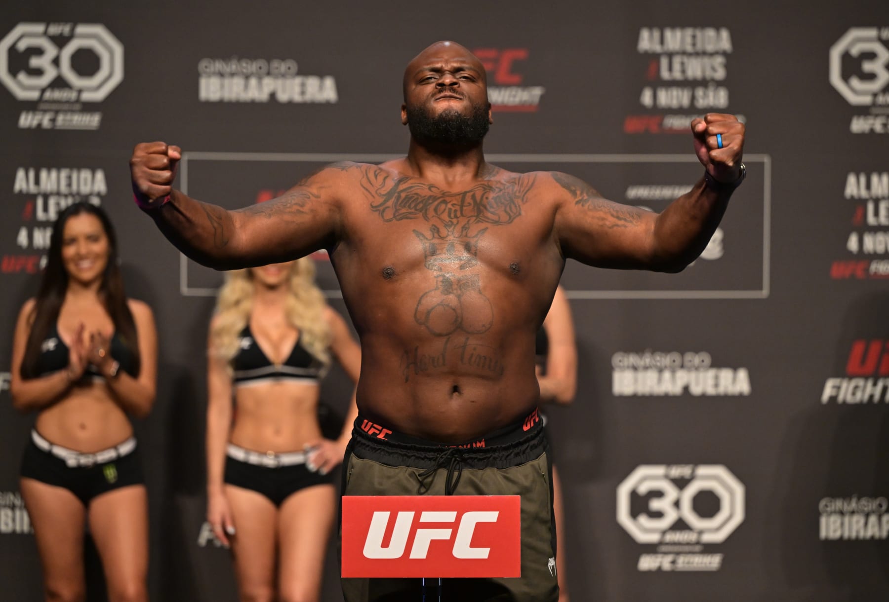 SAO PAULO, BRAZIL - NOVEMBER 03: Derrick Lewis poses on the scale during the UFC Fight Night ceremonial weigh-in at Ibirapuera Gymnasium on November 03, 2023 in Sao Paulo, Brazil. (Photo by Pedro Vilela/Zuffa LLC via Getty Images)