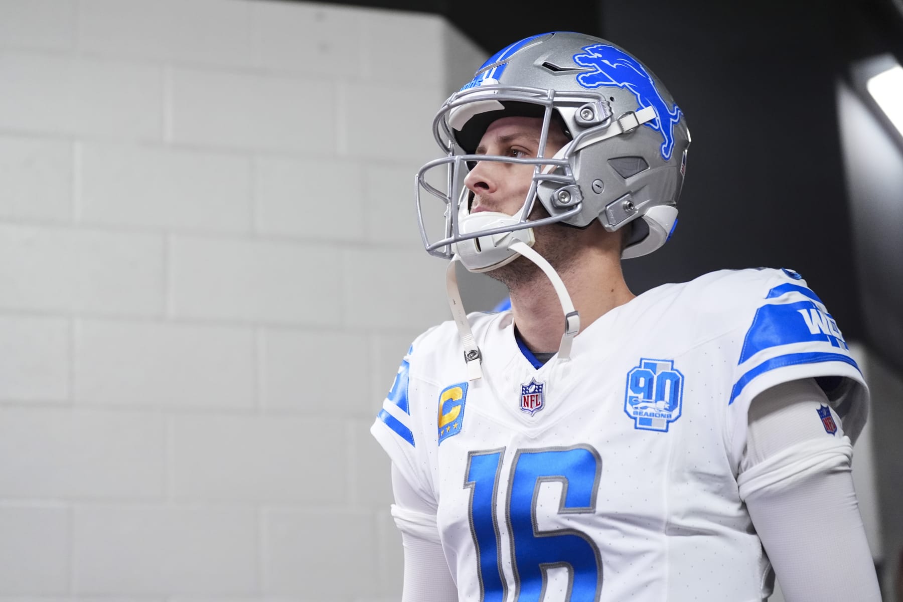 SANTA CLARA, CA - JANUARY 28: Jared Goff #16 of the Detroit Lions walks out for warmups prior to the NFC Championship NFL football game against the San Francisco 49ers at Levi's Stadium on January 28, 2024 in Santa Clara, California. (Photo by Cooper Neill/Getty Images)
